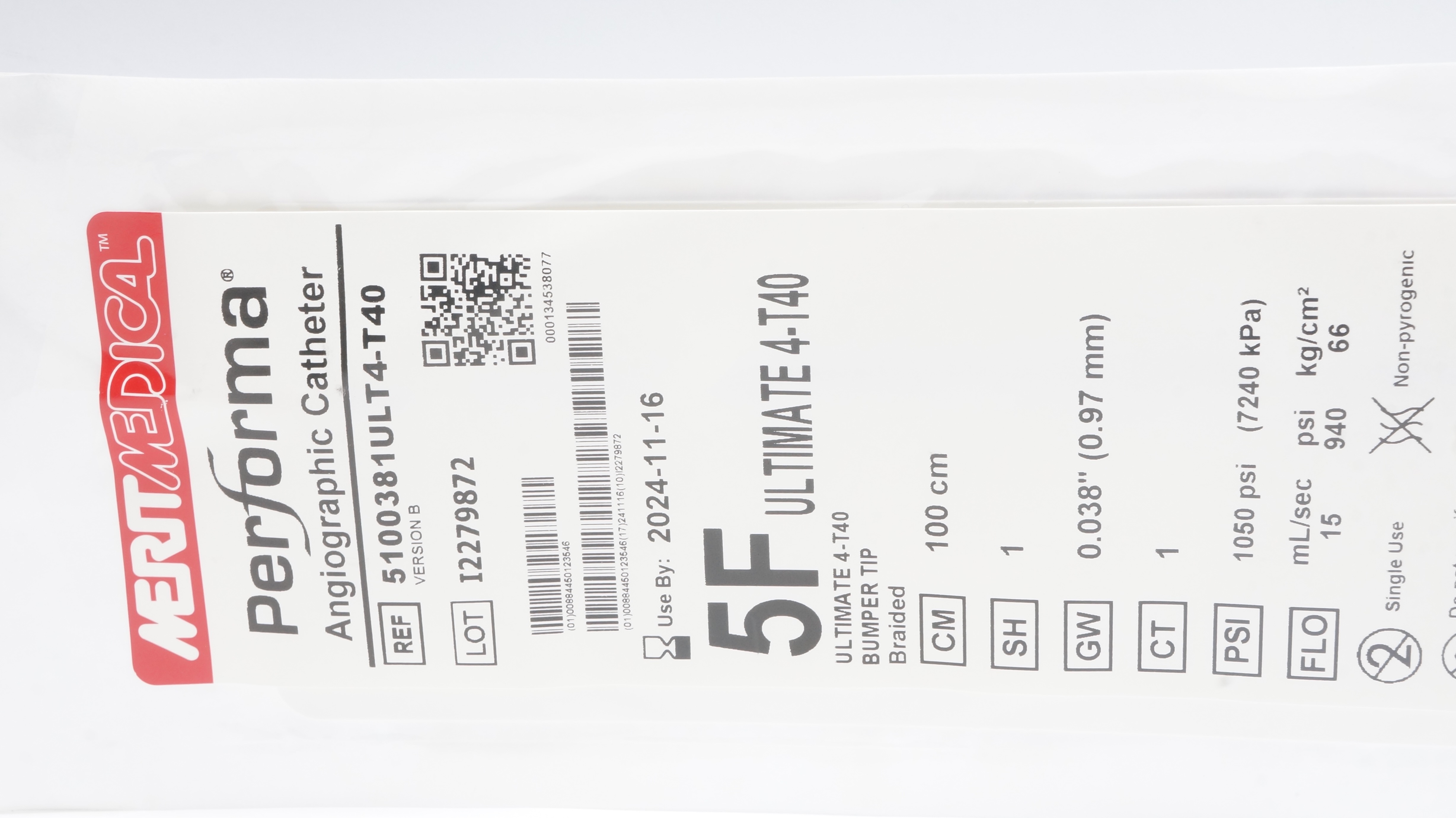Merit Medical 5100381ULT4-T40 Performa Angiographic Cath.5F 100cm x 0.038inch(x)