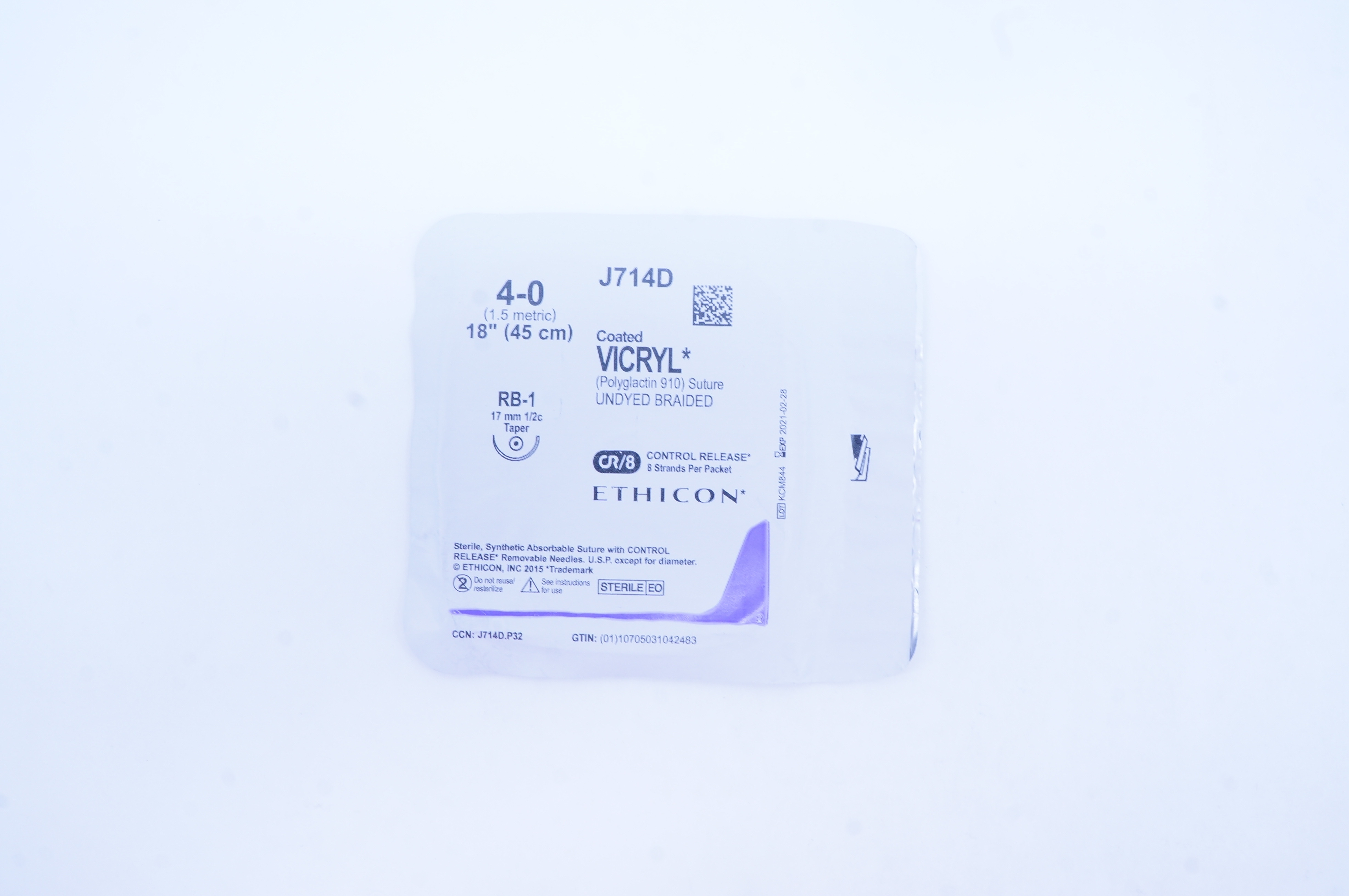 Ethicon J714D 4-0 Coated VICRYL RB-1 17mm 1/2c Taper, 18inch