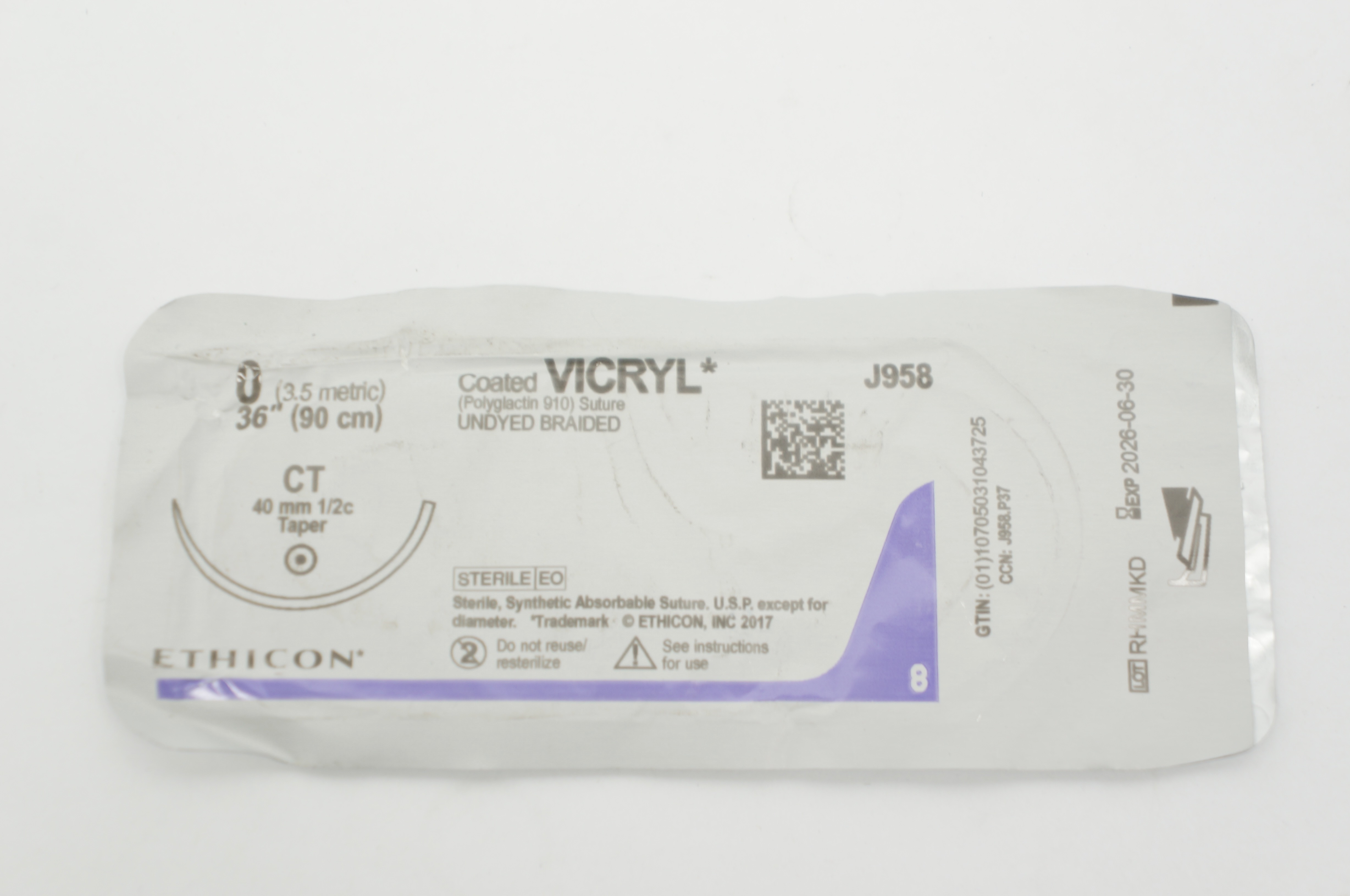 Ethicon J958 0 Coated VICRYL Polyglactin Stre CT 40mm 1/2c Taper, 36inch