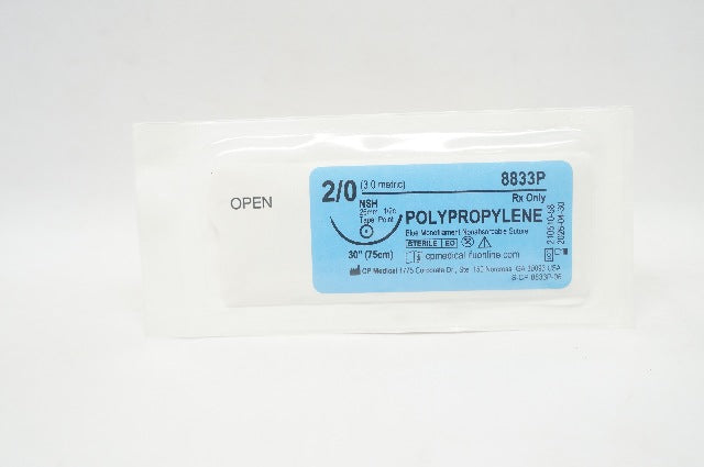 CP Medical 8833P 2/0 POLYPROPYLENE, Blue Monofilament, NSH, 26mm 1/2c, 30inch