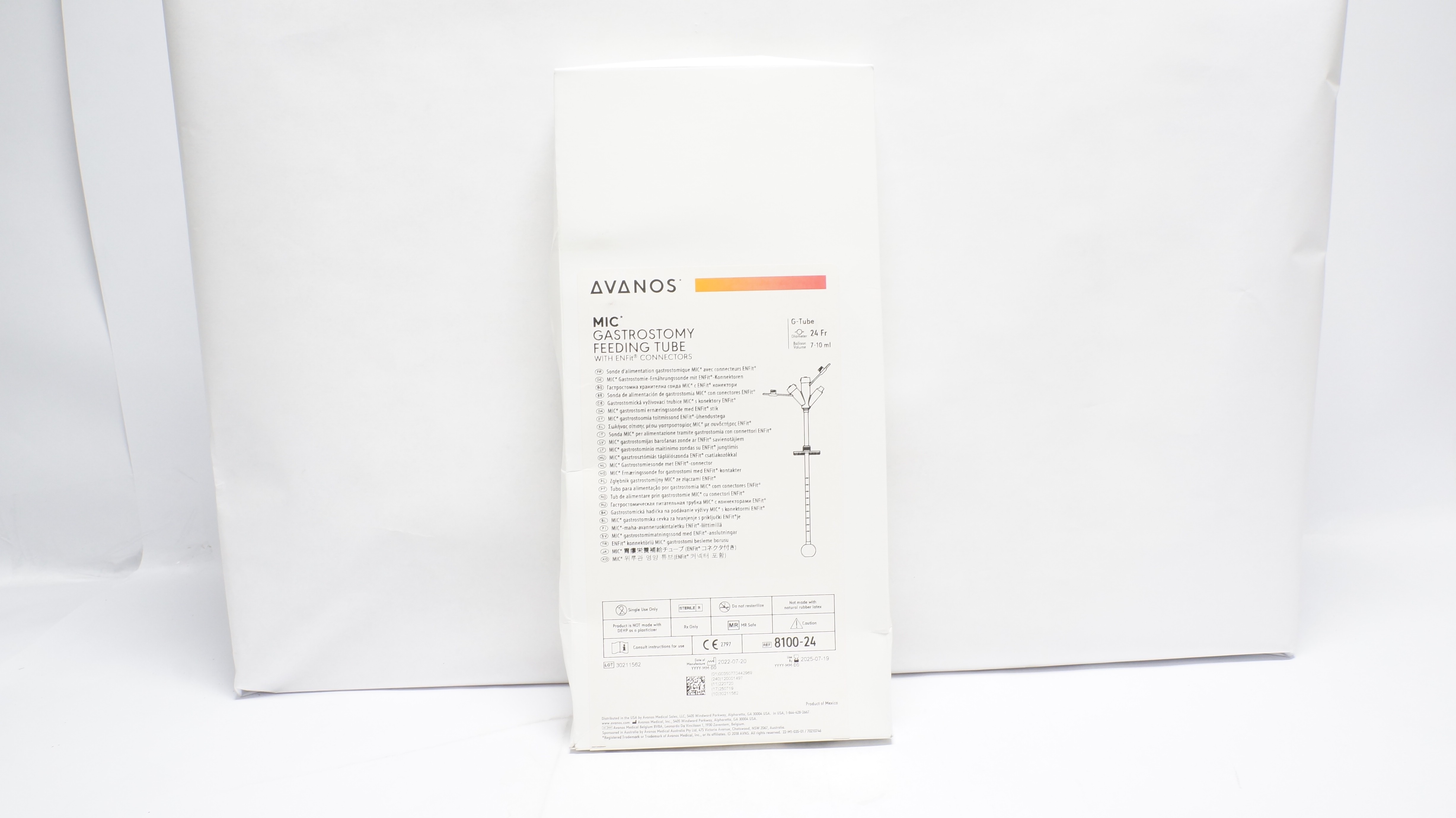 Avanos 8100-24 MIC Gastrostomy Feeding Tube w/Enfit Connectors 24Fr x 7-10ml (x)