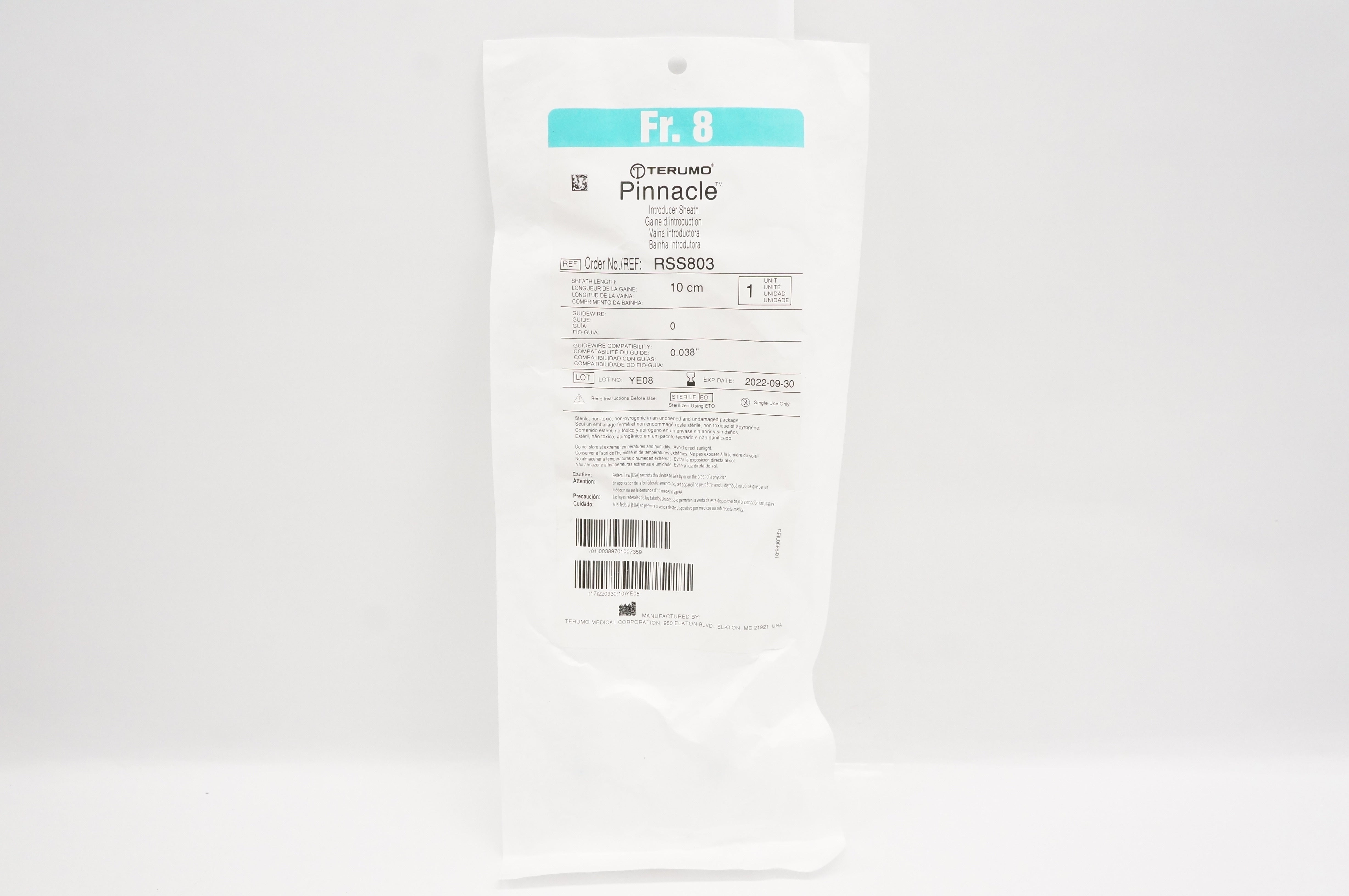 Terumo RSS803 Pinnacle Introducer Sheath 8Fr x 0.038inch x 10cm