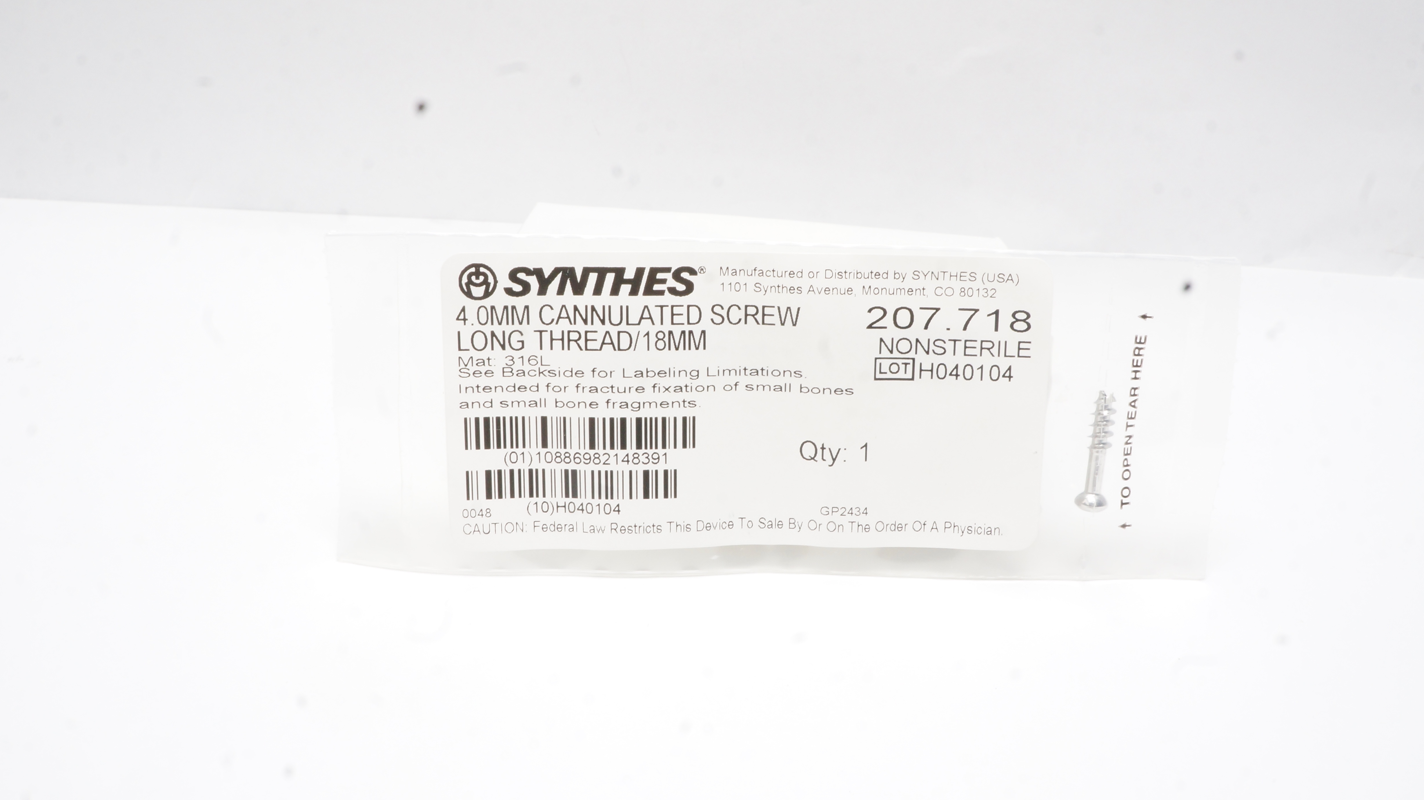 Synthes 207.718 4.0mm Cannulated Screw Long Thread 18mm