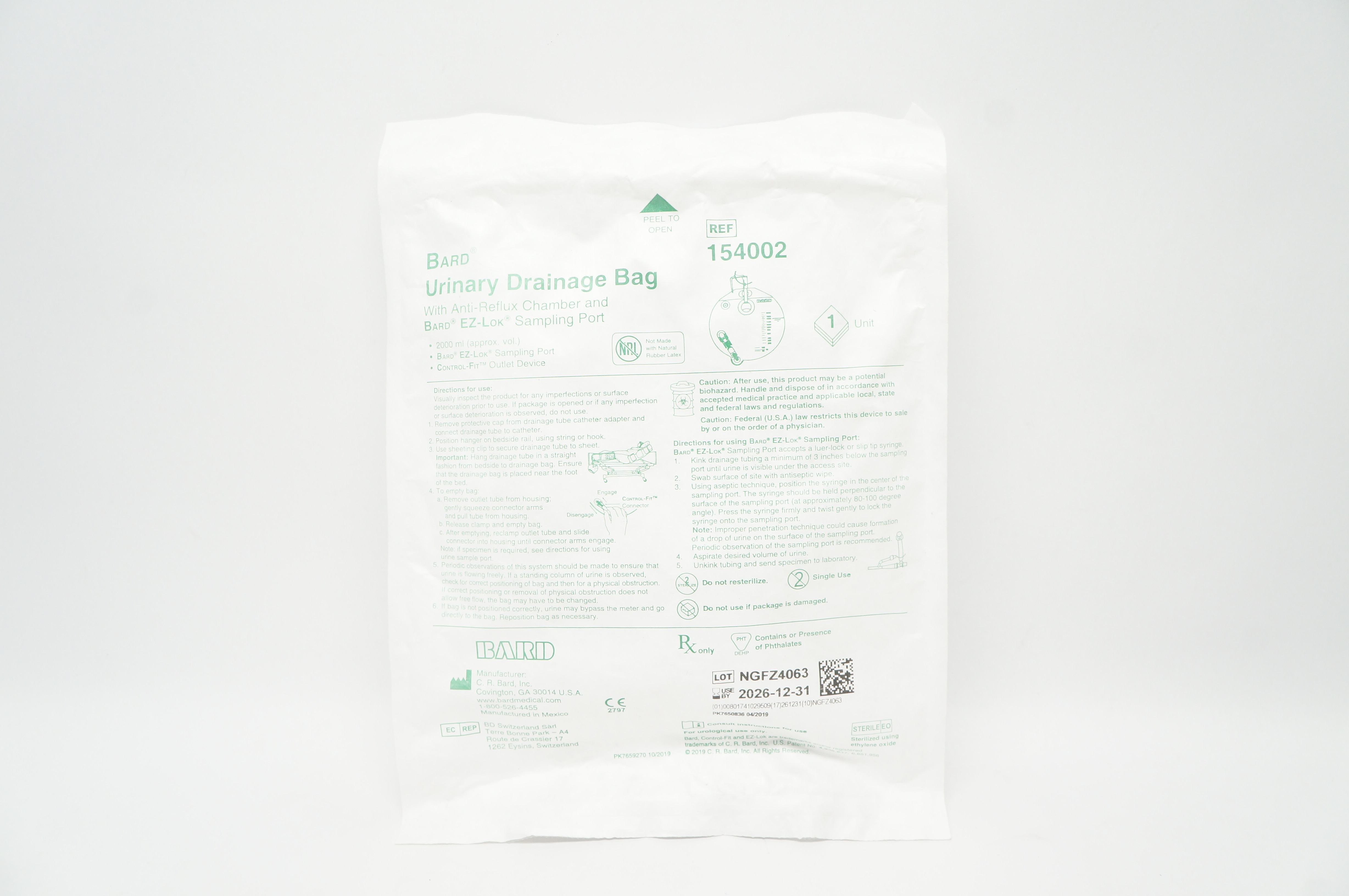 Bard 154002 Urinary Drainage Bag with Anti-Reflux Chamber & Sampling Port 2000ml