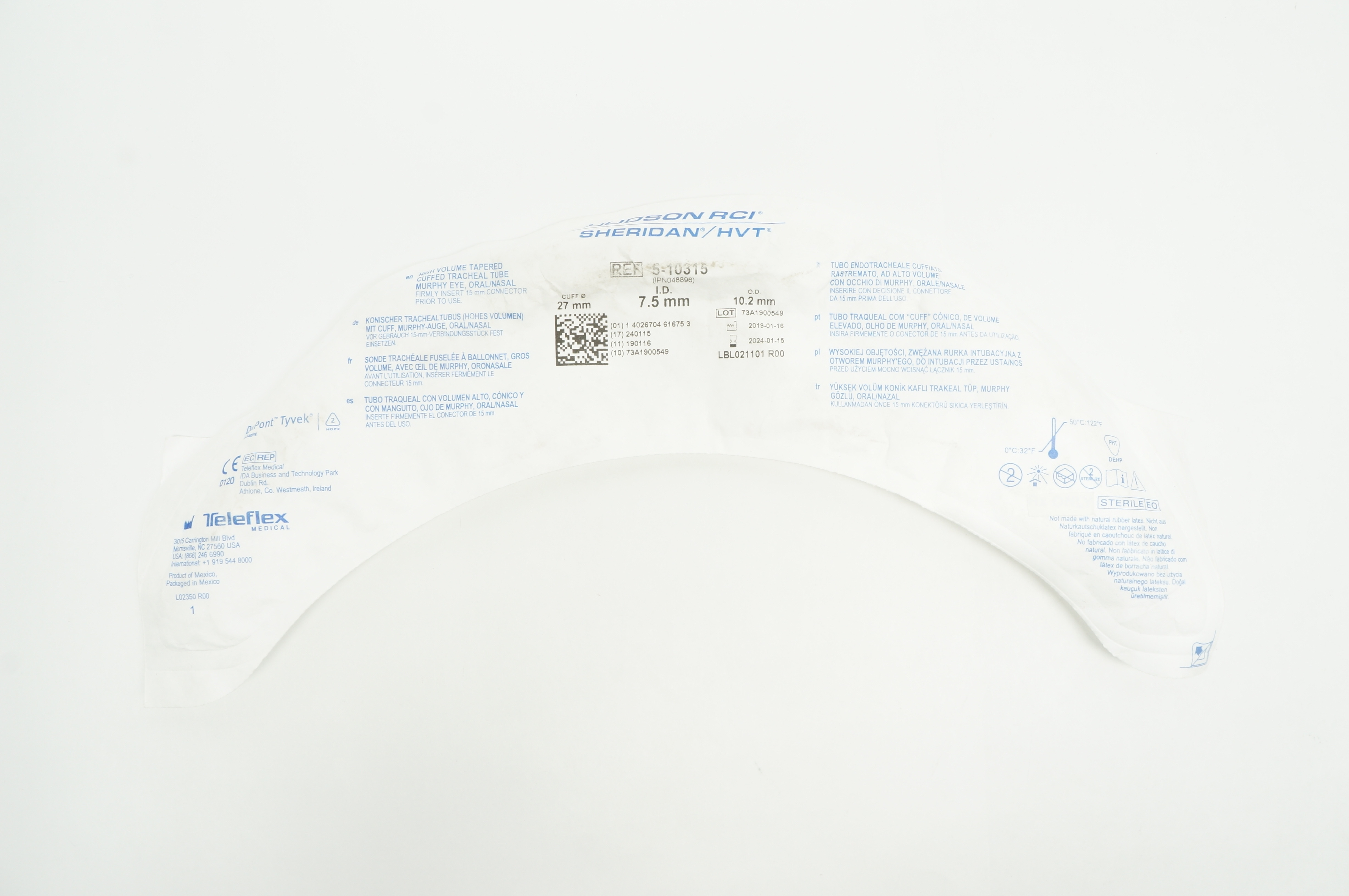 Teleflex 5-10315 Hudson RCI Tapered Cuffed Tracheal Tube 7.5 ID x 10.2 OD x 27mm