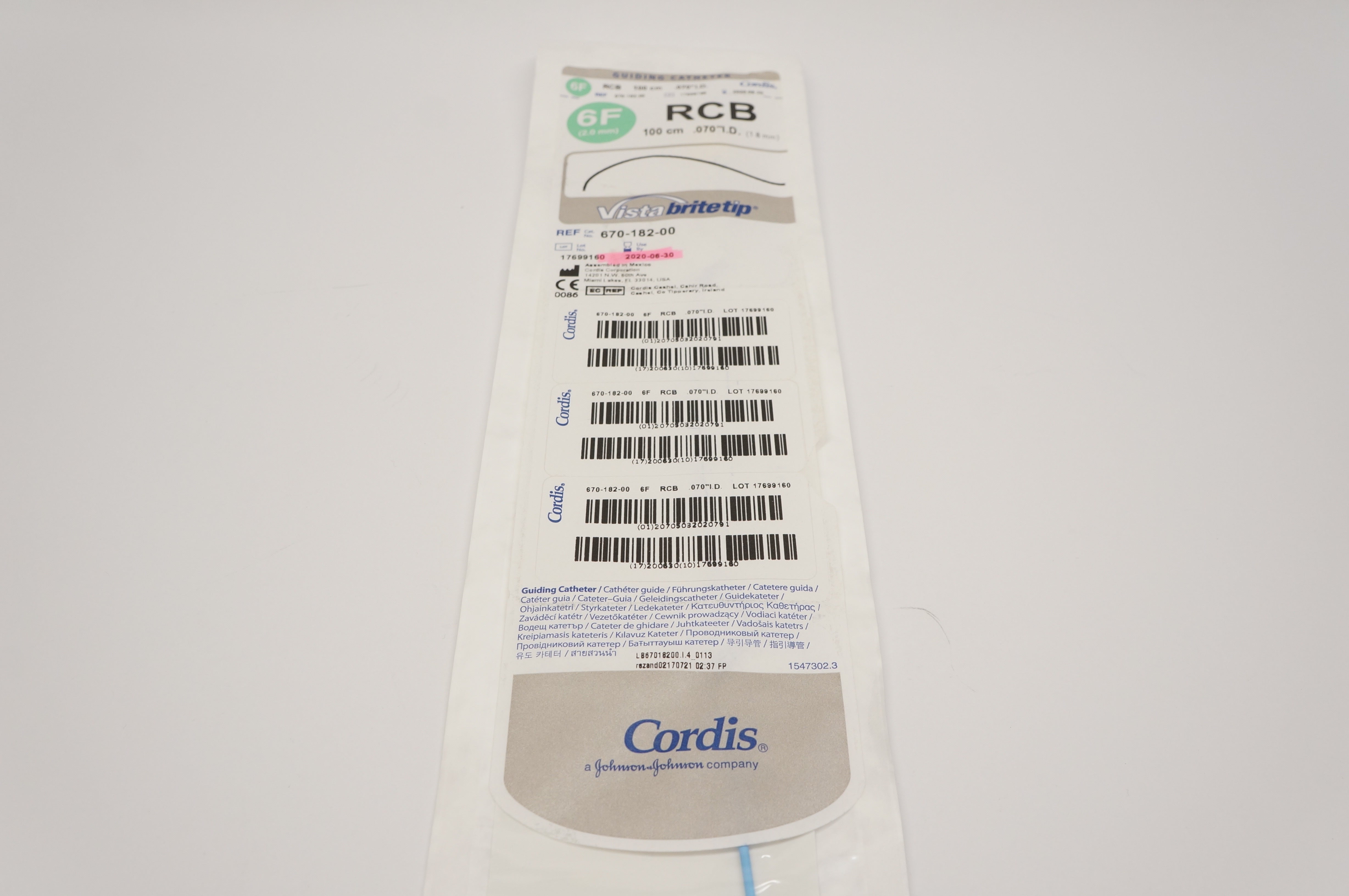 Cordis 670-182-00 Vistabritetip Guiding Catheter 6F RCB 100cm x 1.8mm (x)