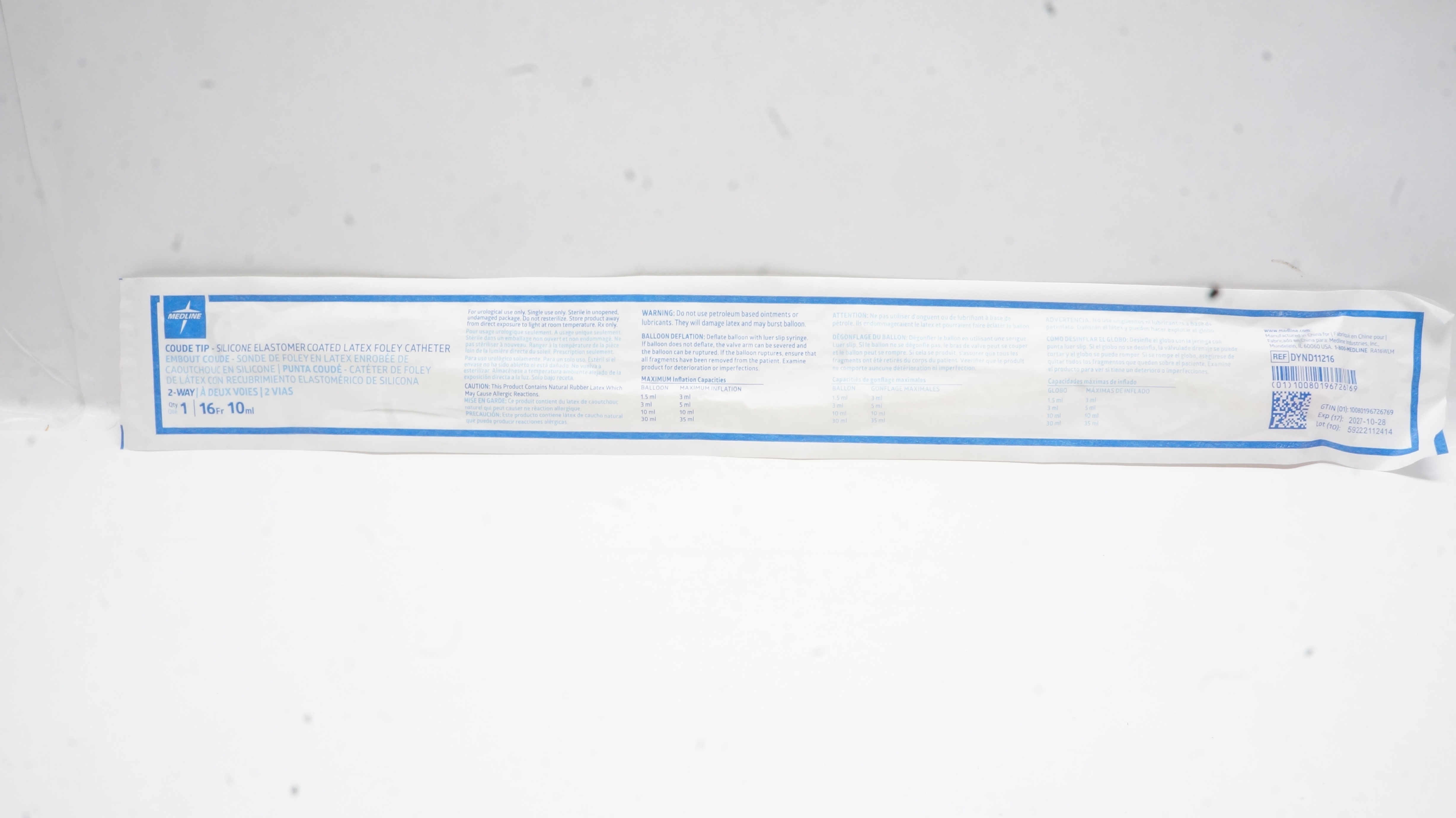 Medline DYND11216 Coude Tip-Silicone Elastomer Coated Foley Cath. 16Fr x 10ml
