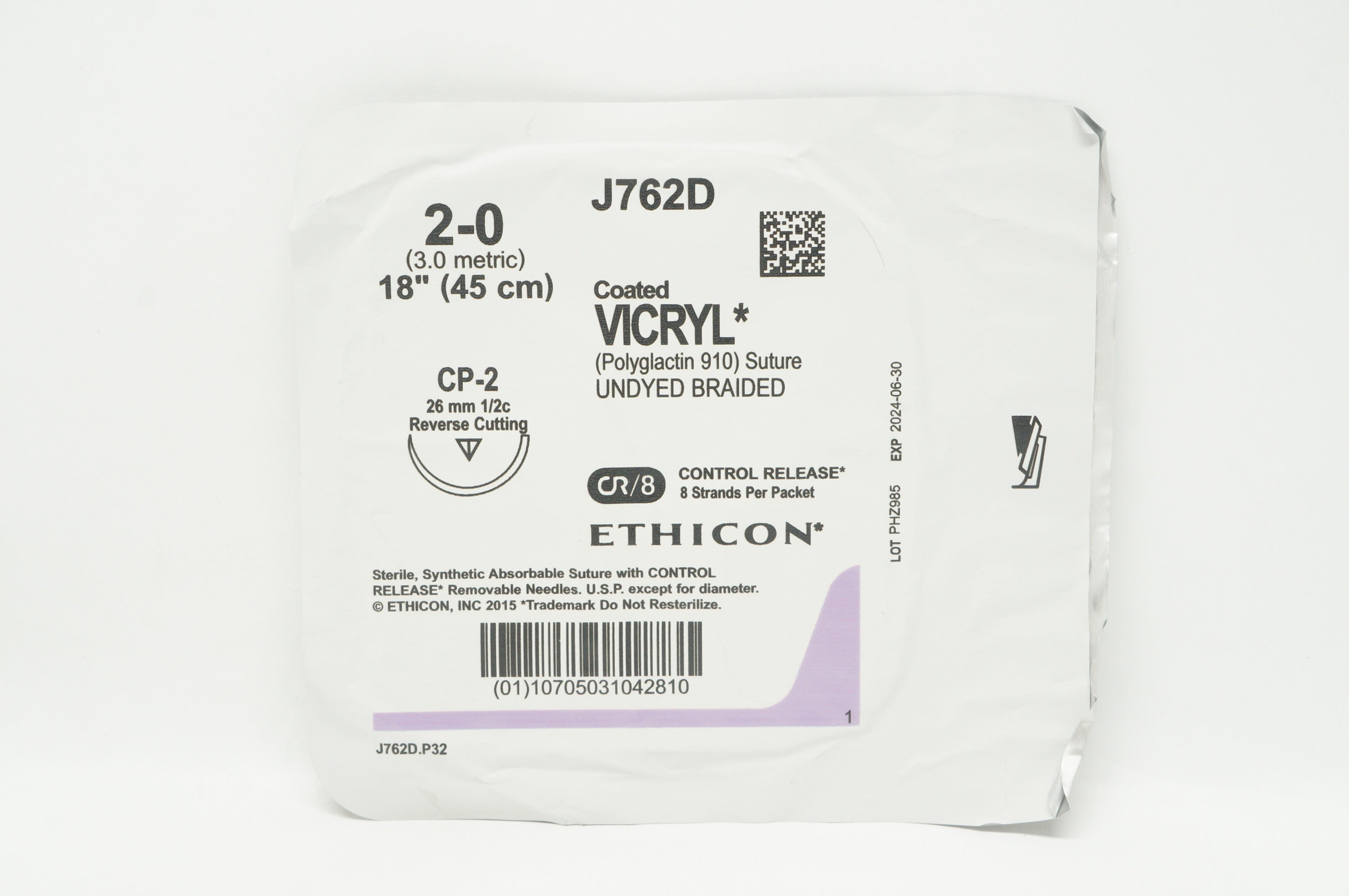 Ethicon J762D 2-0 Coated VICRYL Stre CP-2 26mm 1/2c Reverse Cutting, 18inch