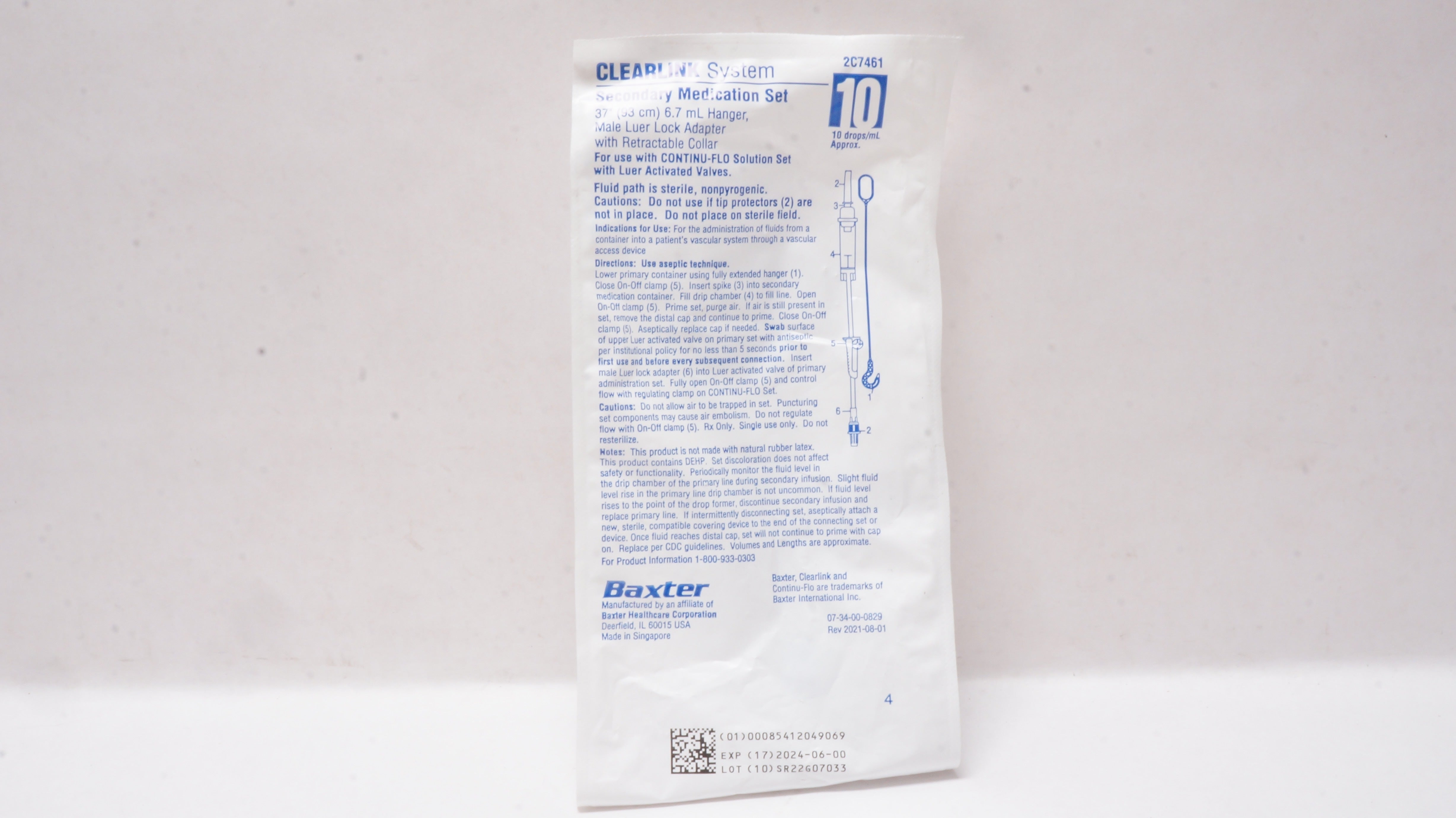 Baxter 2C7461 Clearlink System Secondary Medication Set 37inch x 6.7mL10drops/ml