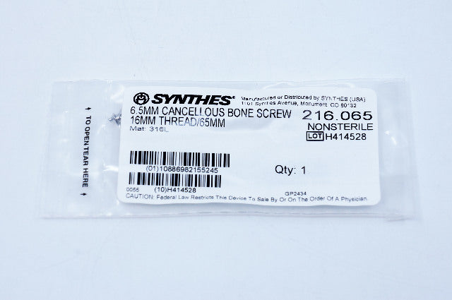 Synthes 216.065 6.5mm Cancellous Bone Screw 16mm Thread/65mm