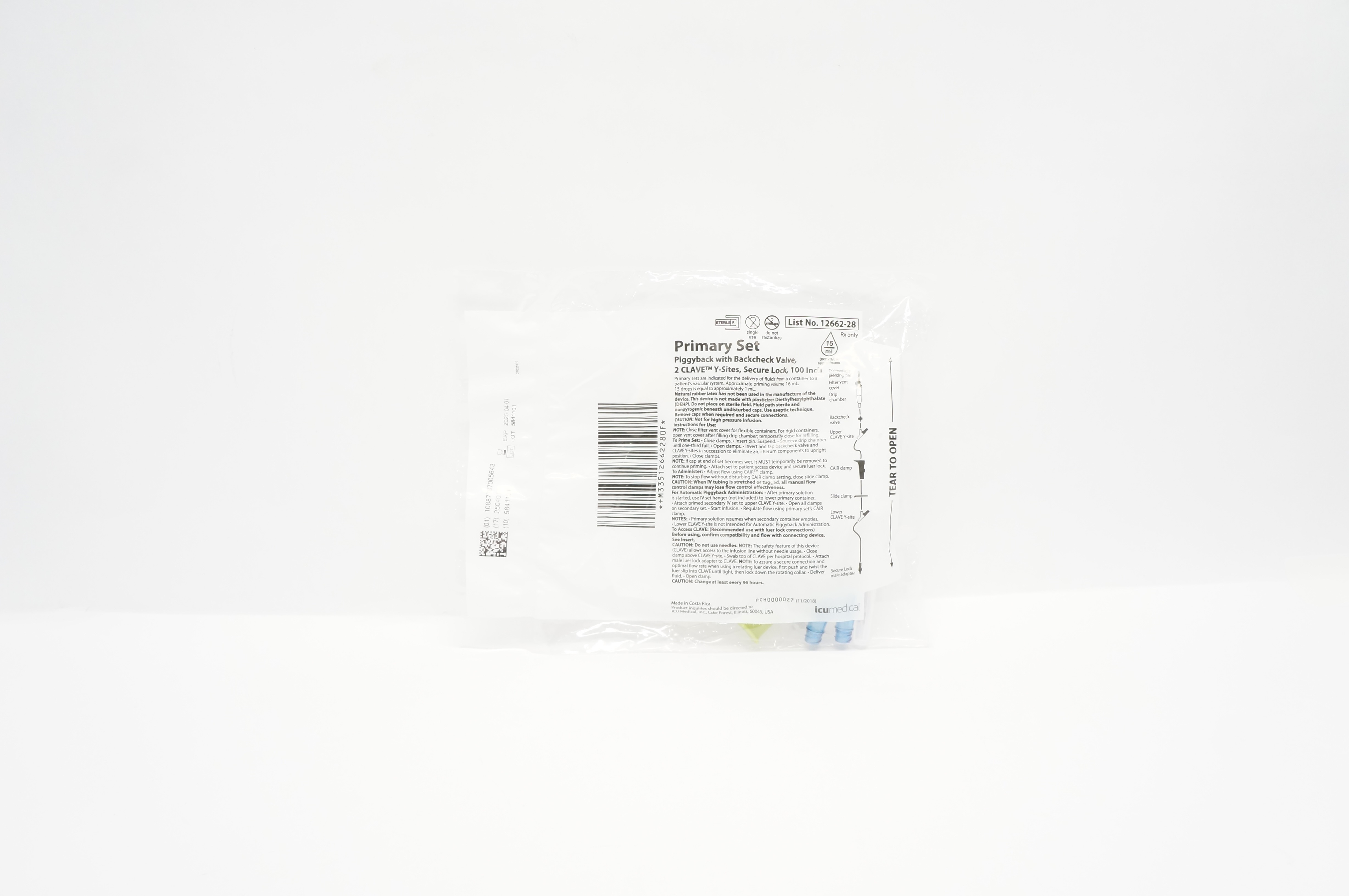 IcuMedical 12662-28 Primary Set Piggyback 2 Clave Y-Sites Secure Lock, 100 Inch