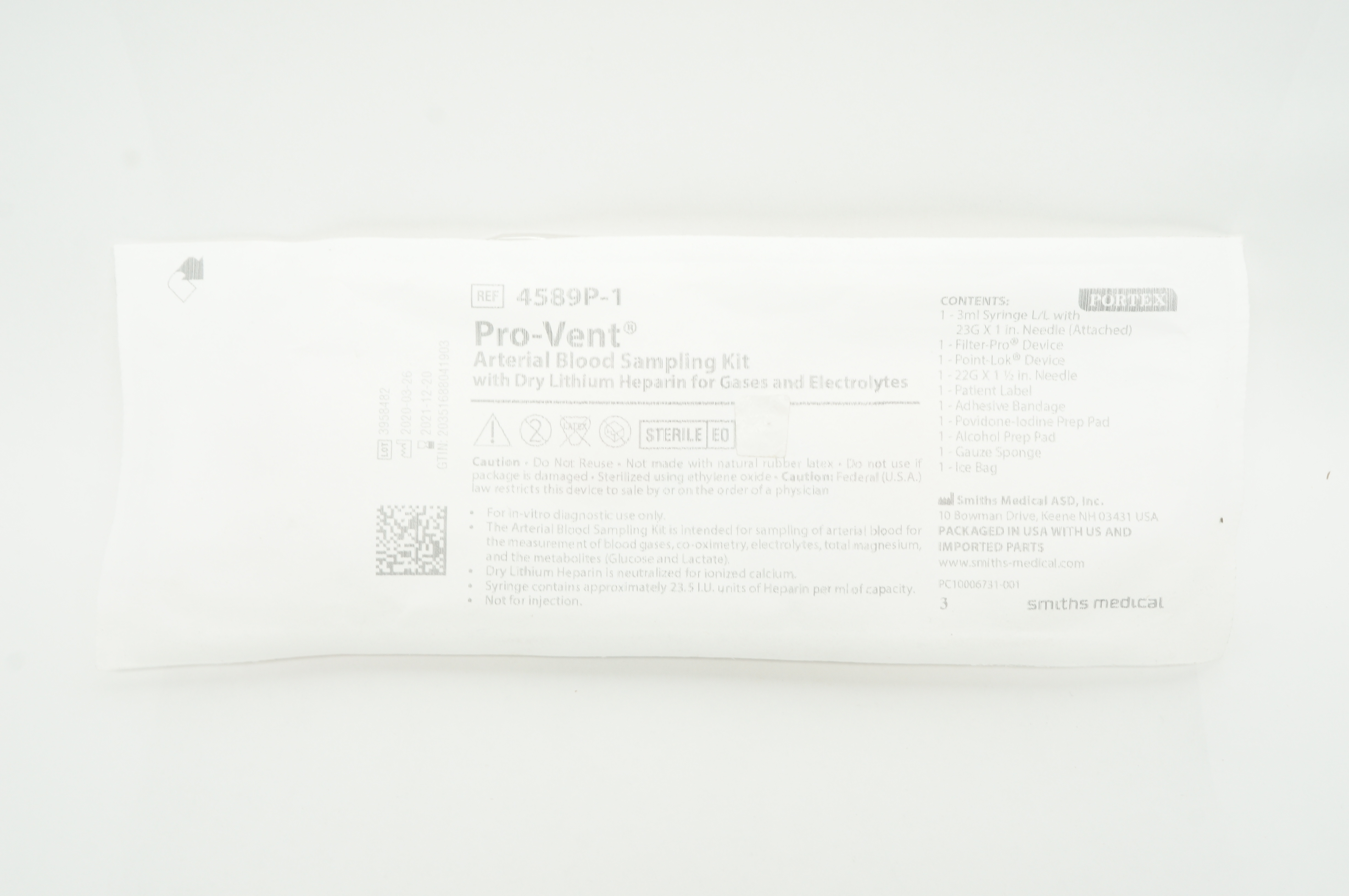 Smiths Medical 4589P-1 Portex Pro-Vent Arterial Blood Sampling Kit