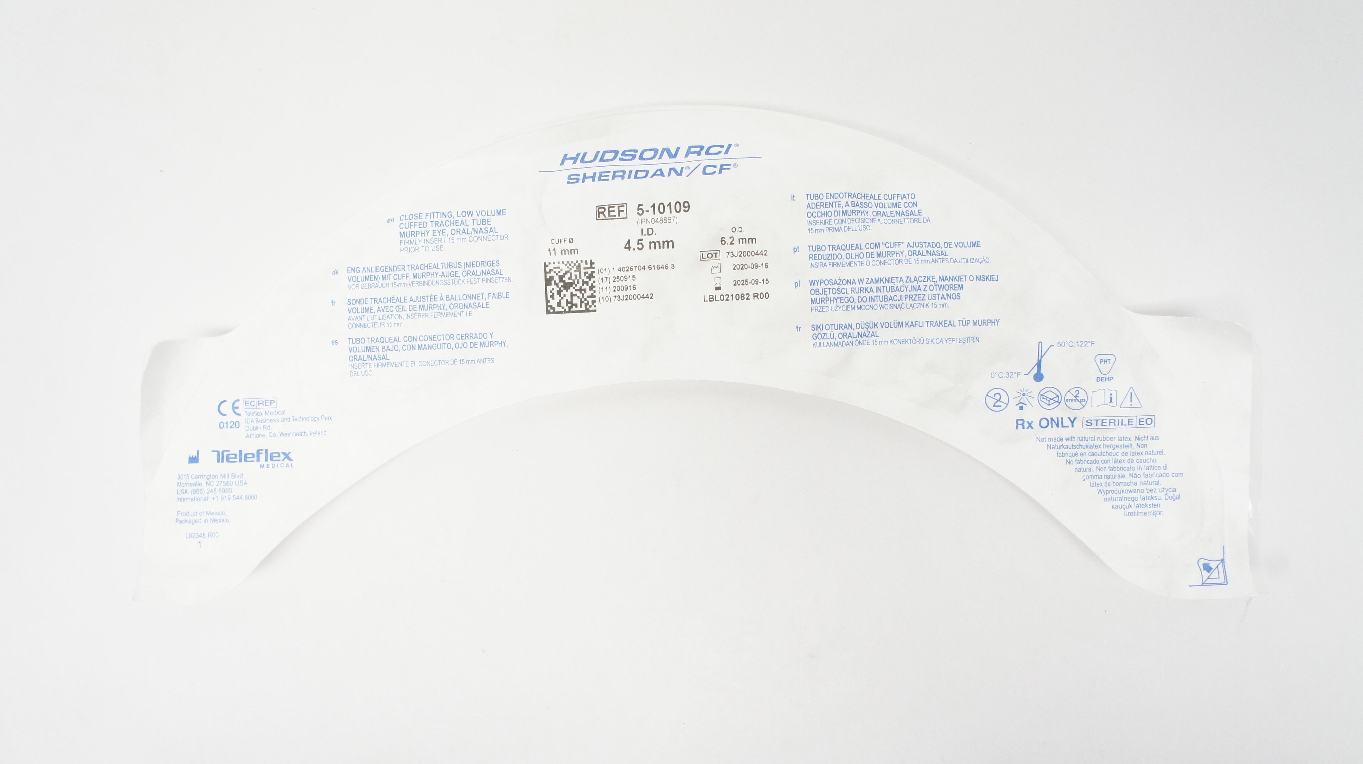 Teleflex 5-10109 Hudson RCI Sheridan Uncuffed Tracheal Tube 4.5mm x 6.2mm
