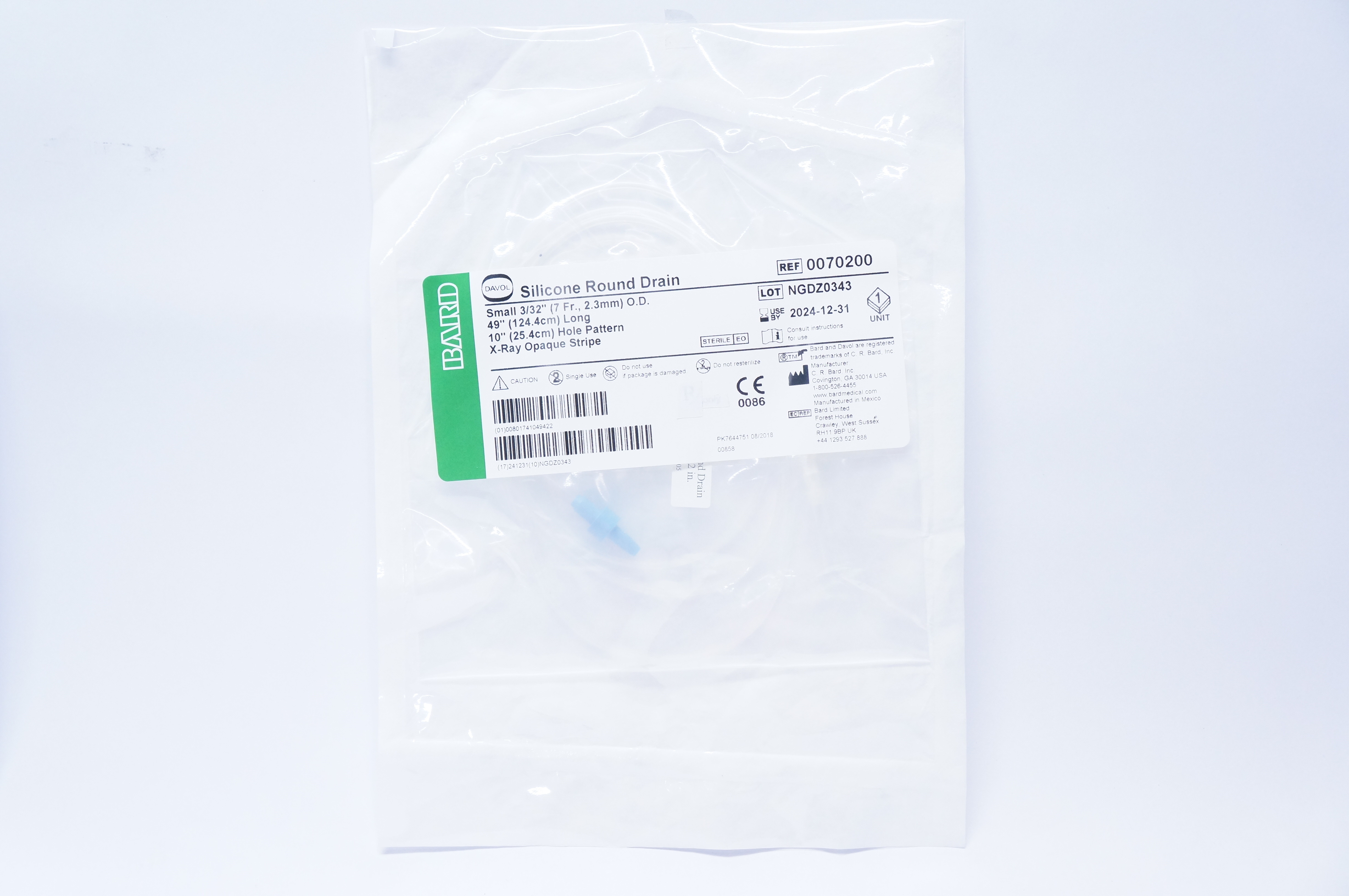 Bard 0070200 Davol Silicone Round Drain Small 3/32inch x 49inch x 10inch