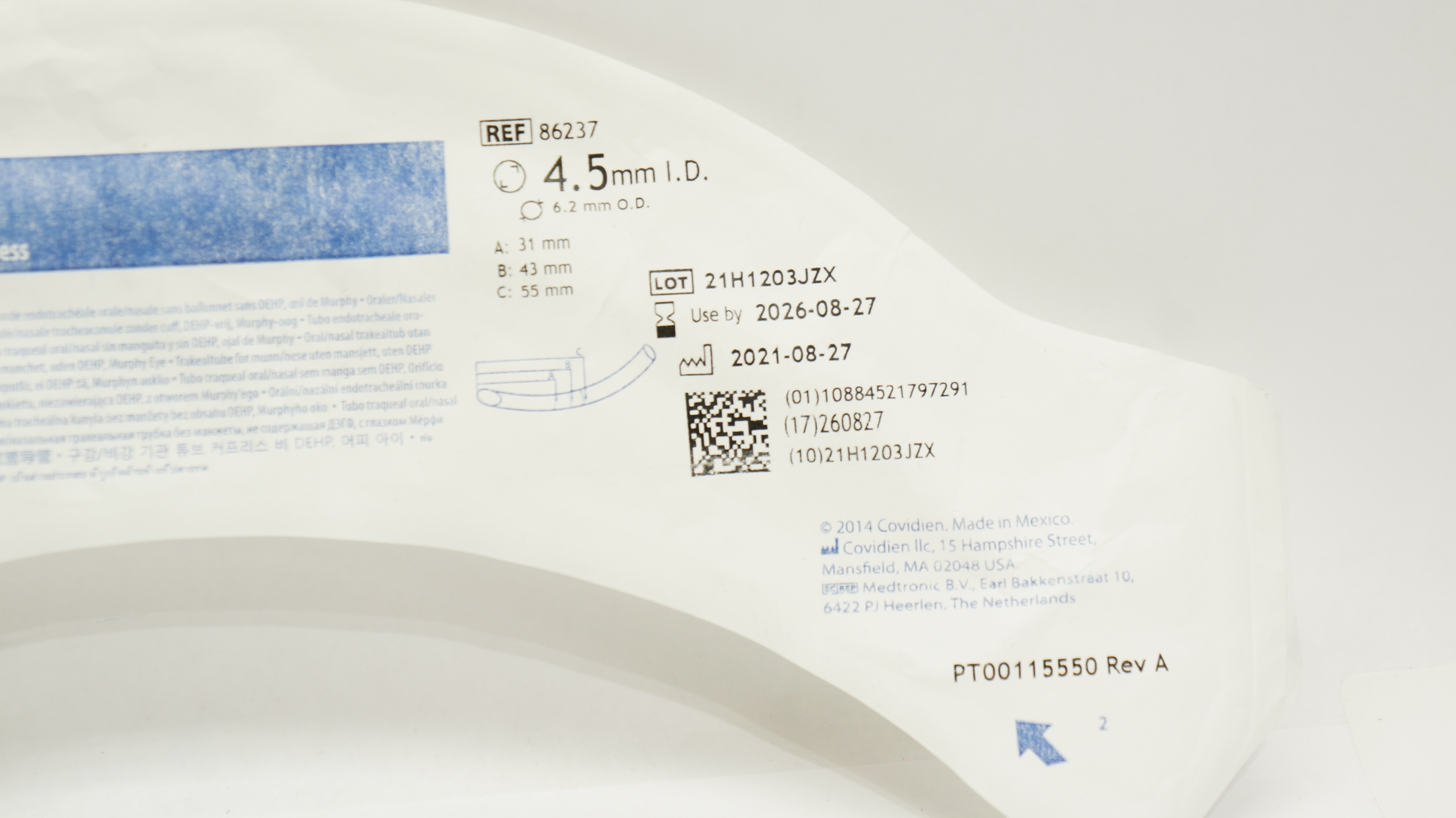Covidien 86237 Shiley Oral/Nasal Tracheal Tube Cuffless 4.5mm I.D. x 6.2mm O.D.