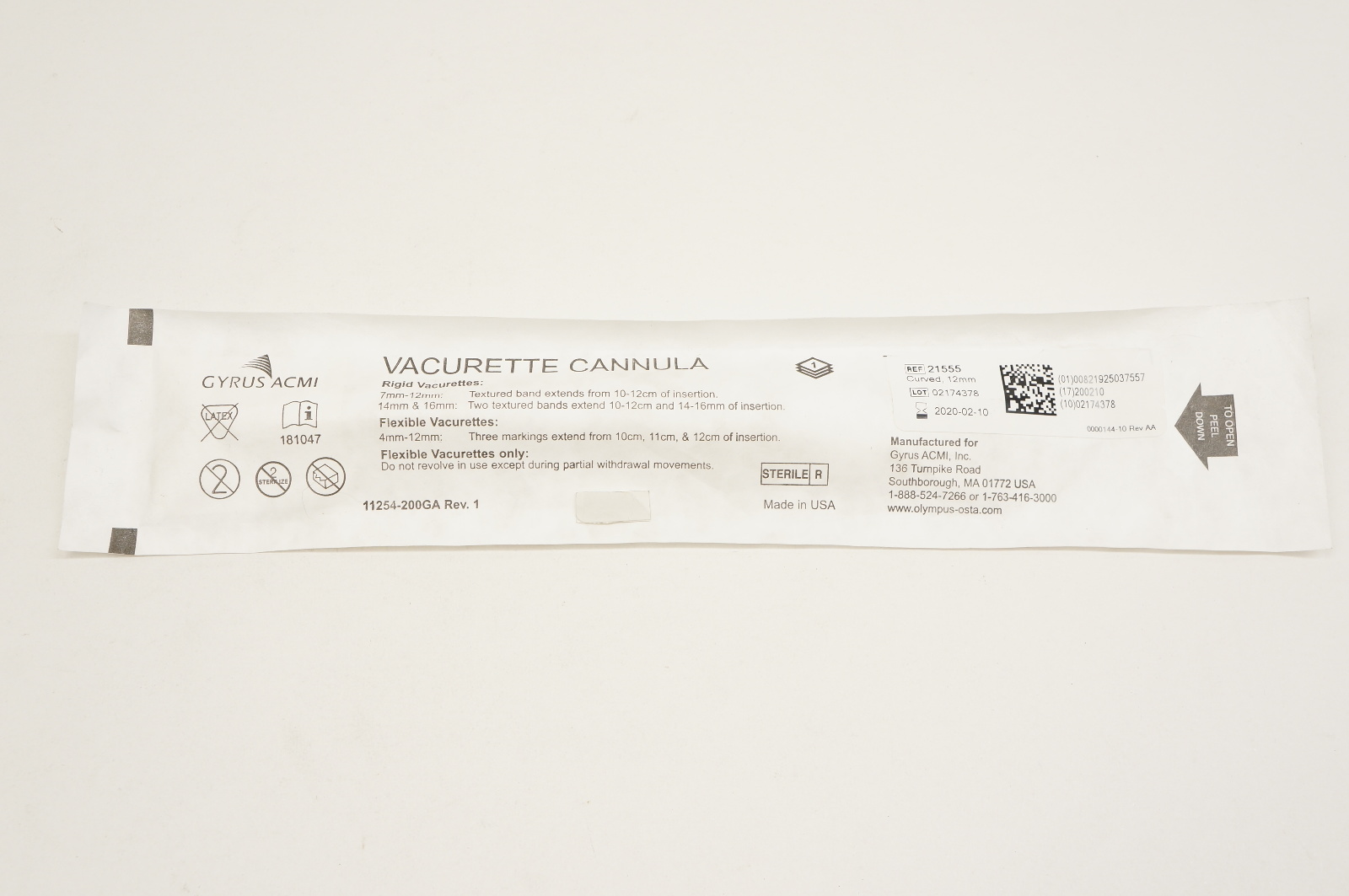 Gyrus ACMI 21555 Vacurette Cannula 12mm Rigid Curved (x)