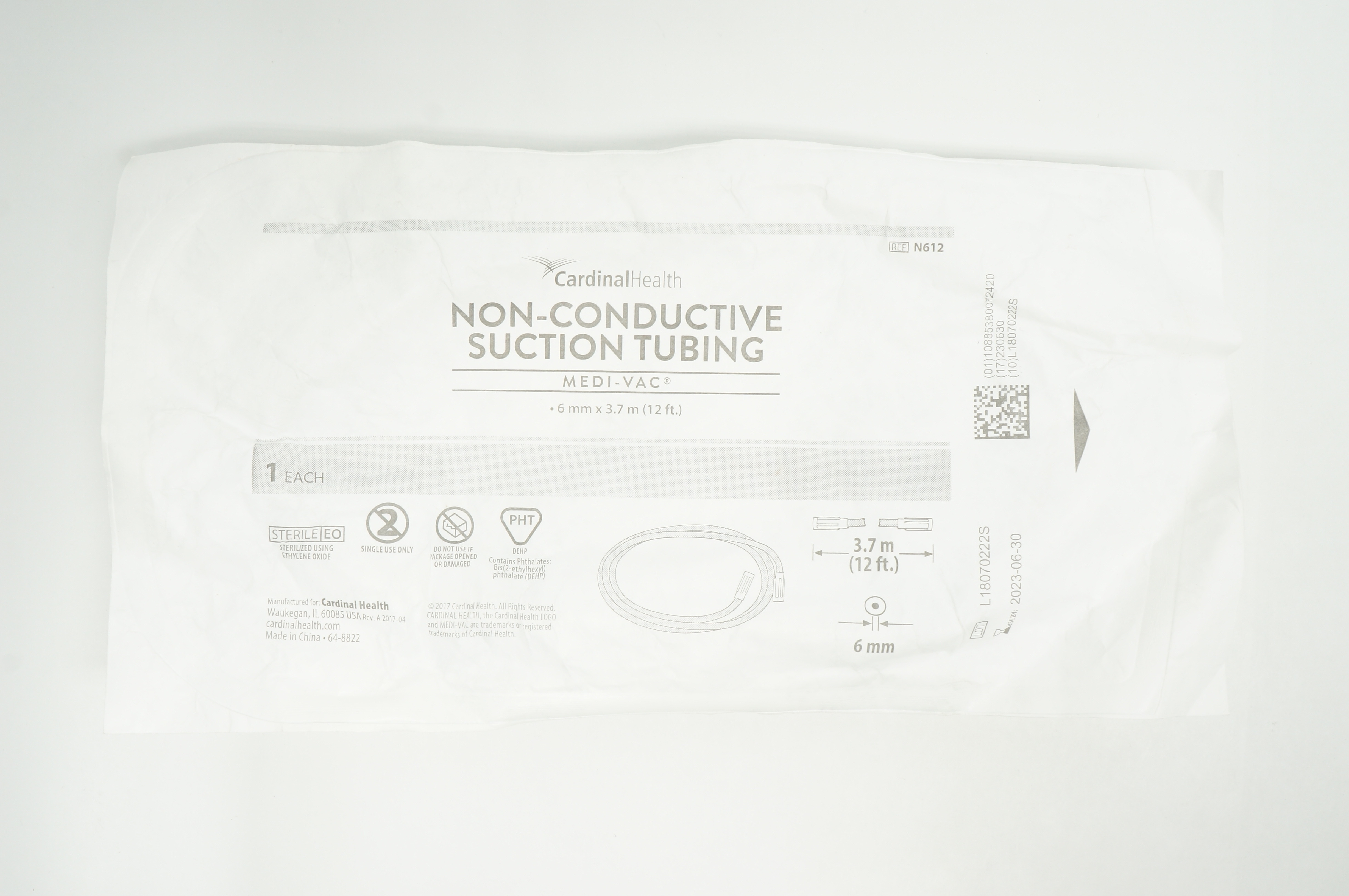 Cardinal Health N612 Medi VAC Non-Conductive Suction Tubing 6mm x 12ft