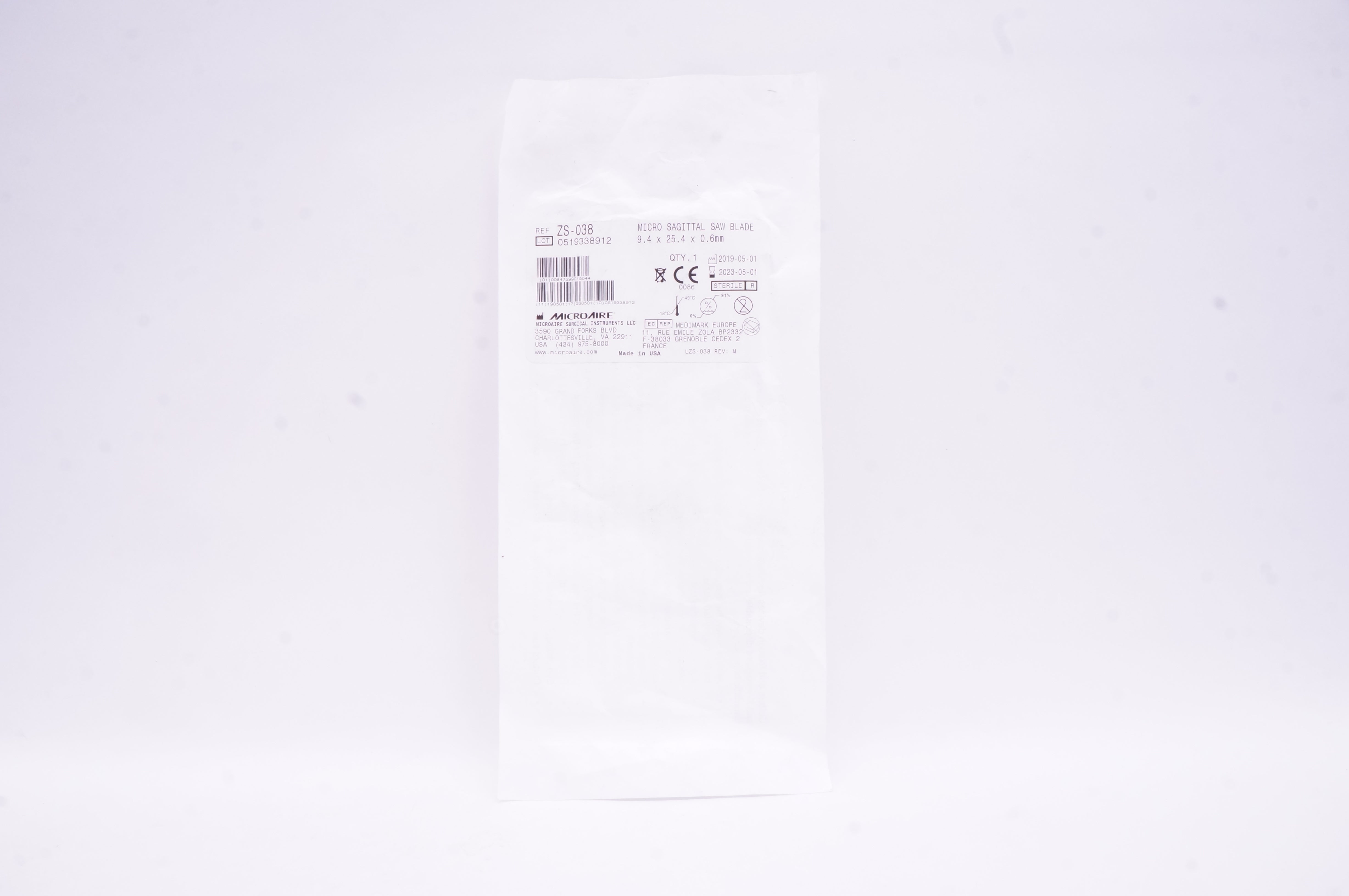 MicroAire ZS-038 Micro Sagittal Saw Blade 9.4 x 25.4 x 0.6mm