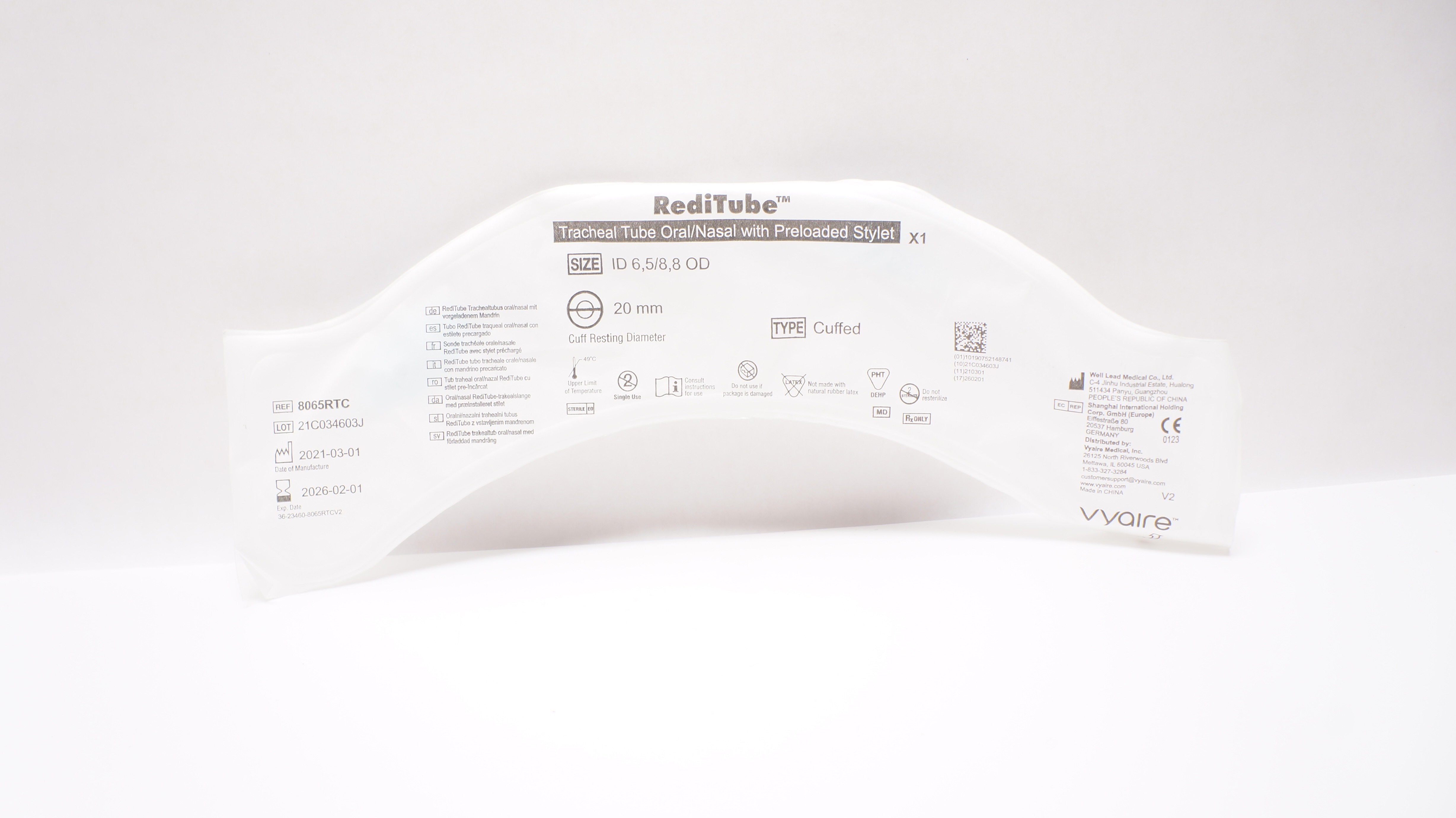 Vyaire 8065RTC RediTube Tracheal Tube Oral/Nasal 6.5mm ID x 8.8mm OD x 20mm