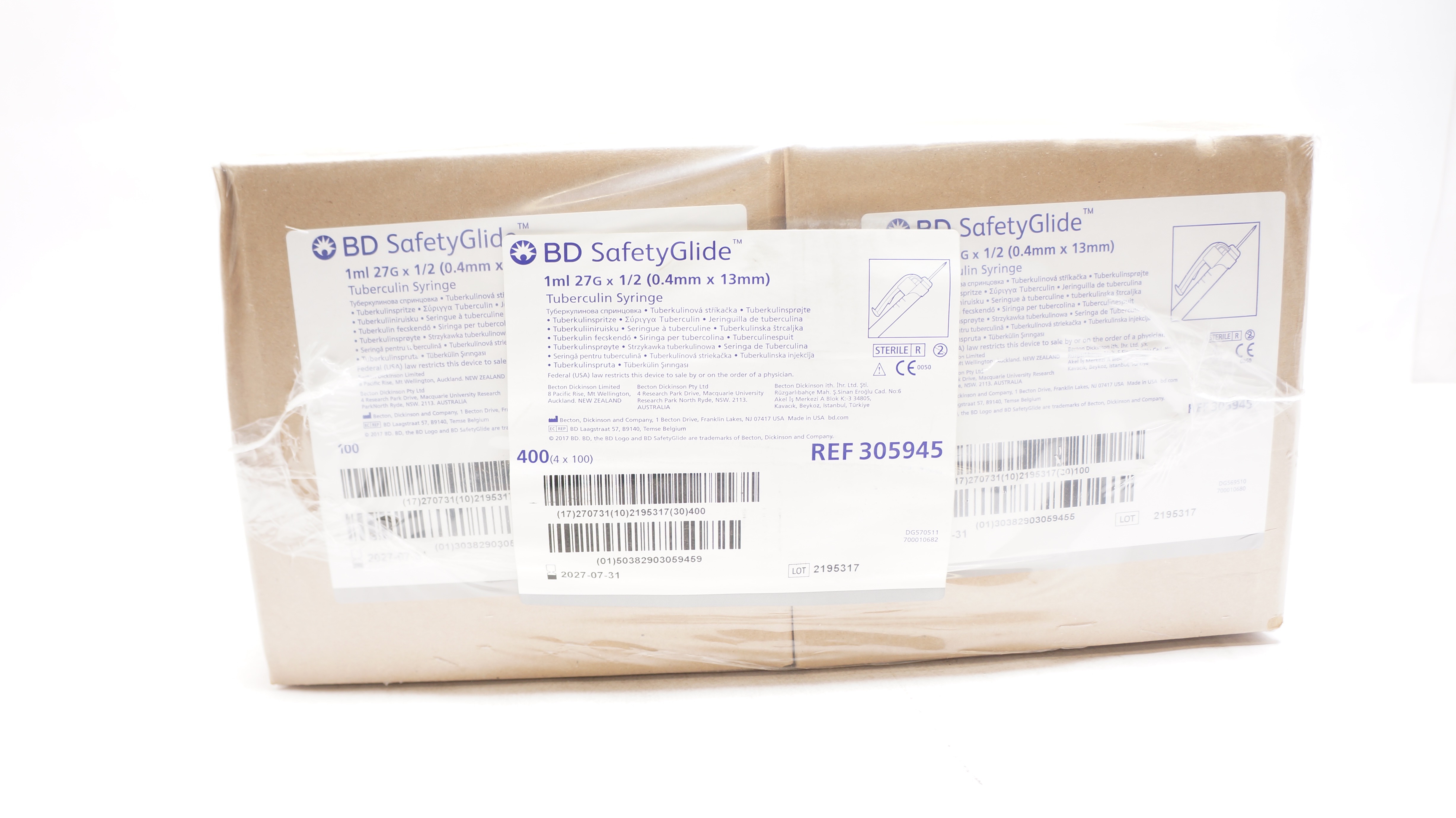 BD 305945 SafetyGlide Tuberculin Syringe 1ml 27G x 1/2 - Box of 400