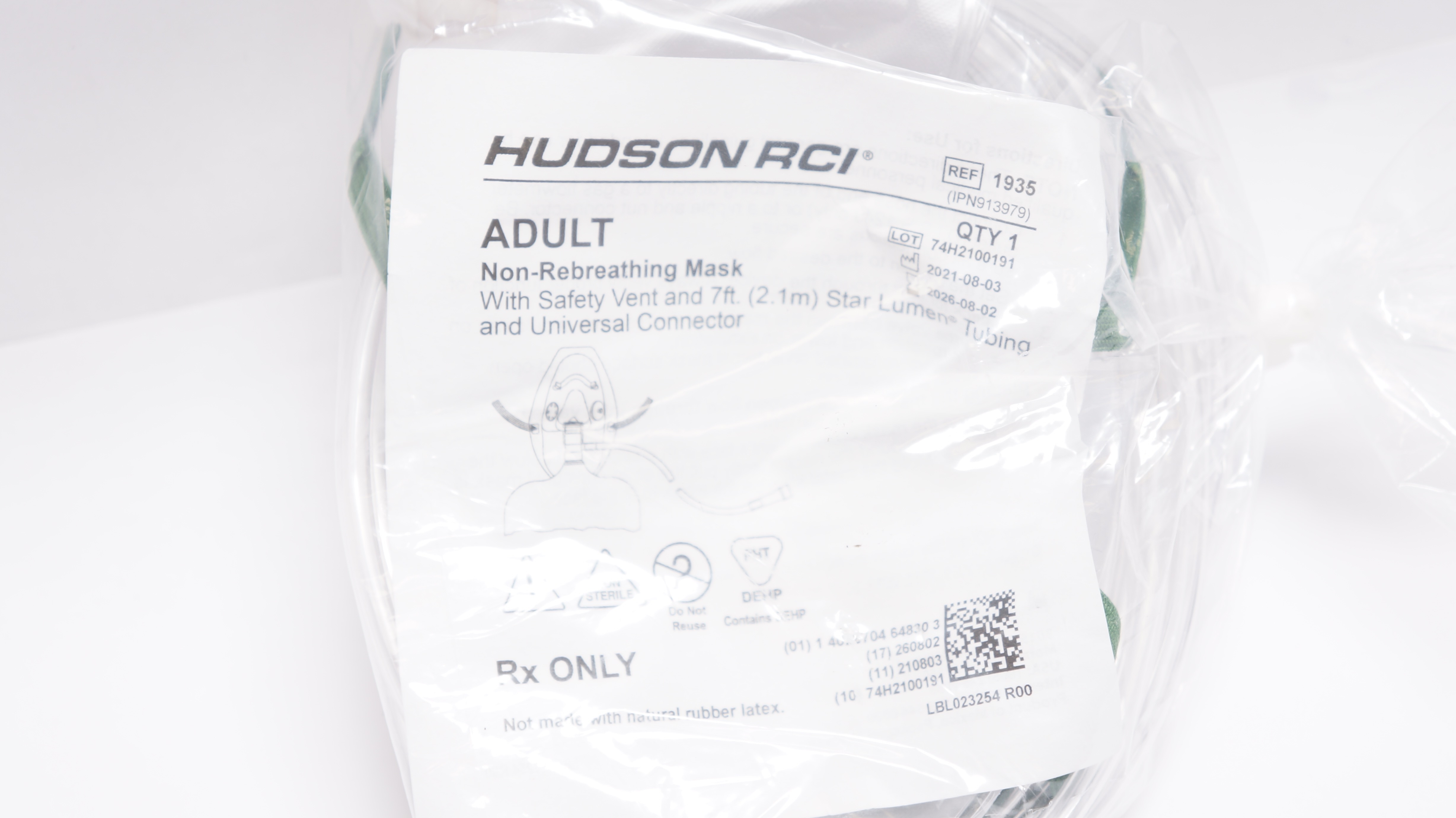 Hudson RCI 1935 Adult Non-Rebreathing Mask w/Safety Vent, 7ft.Tubing, Connector