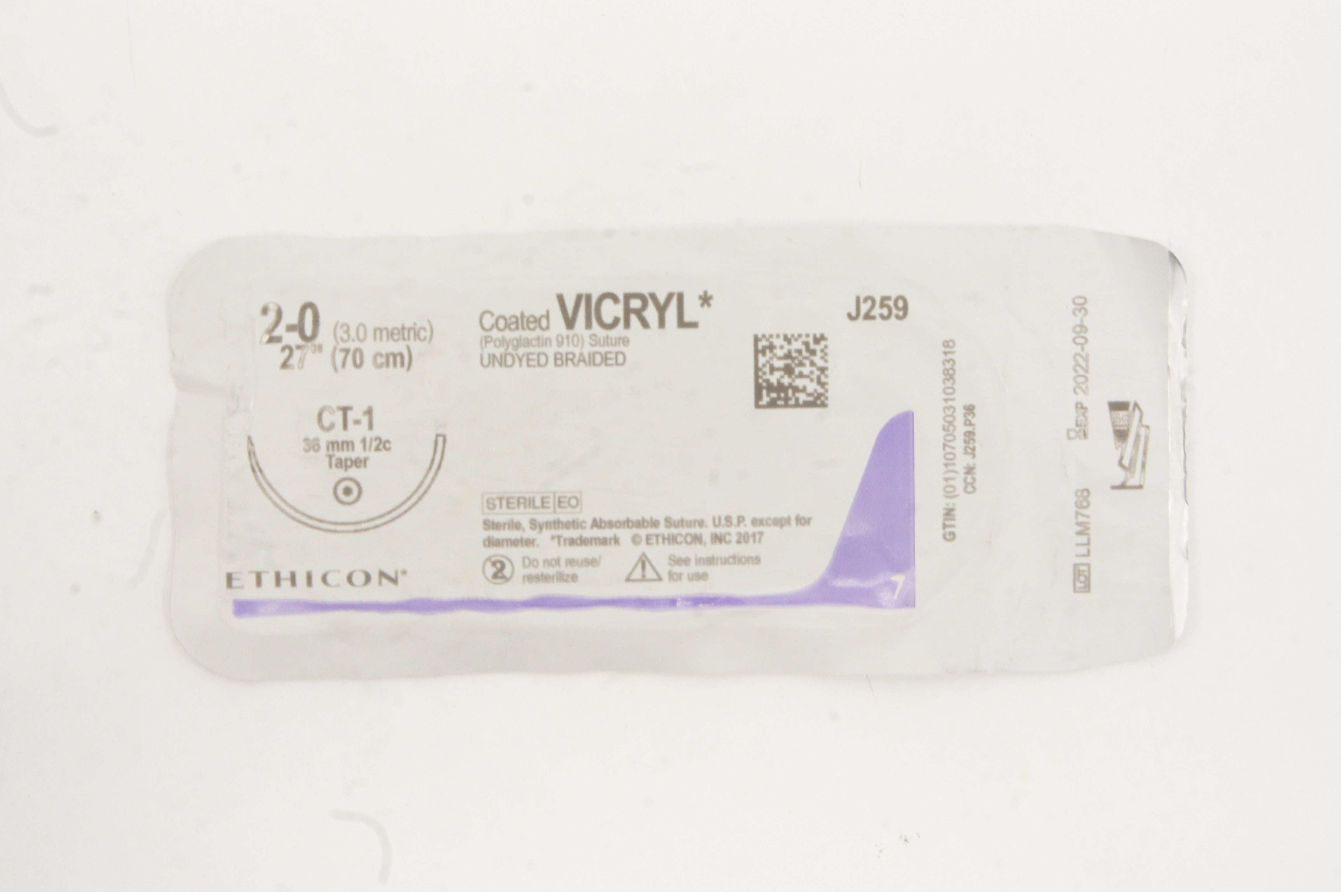 Ethicon J259 2-0 Coated VICRYL Stre CT-1 36mm 1/2c Taper, 27inch