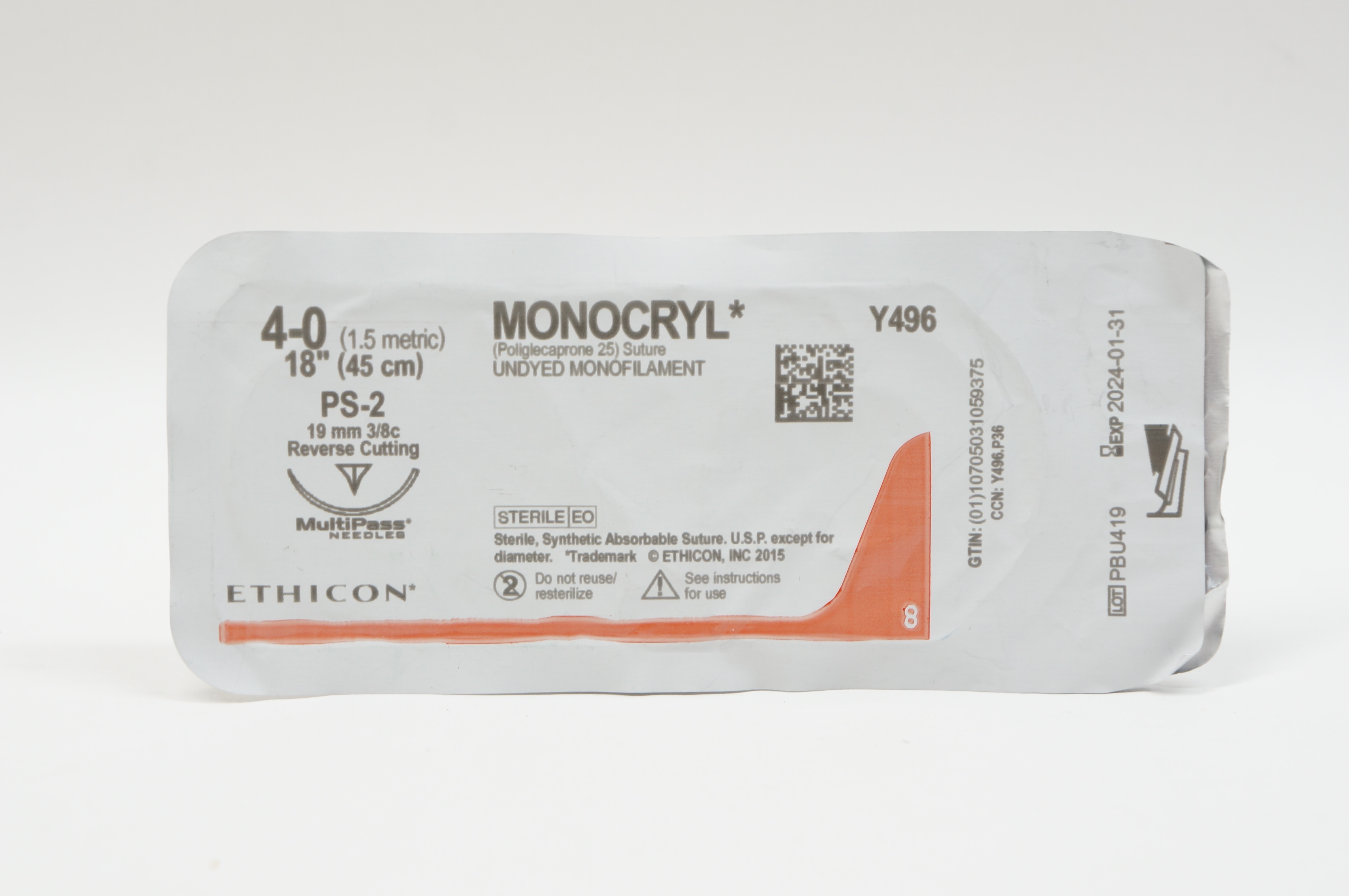 Ethicon Y496 4-0 MONOCRYL, PS-2, 19mm 3/8c Reverse Cutting, 18inch