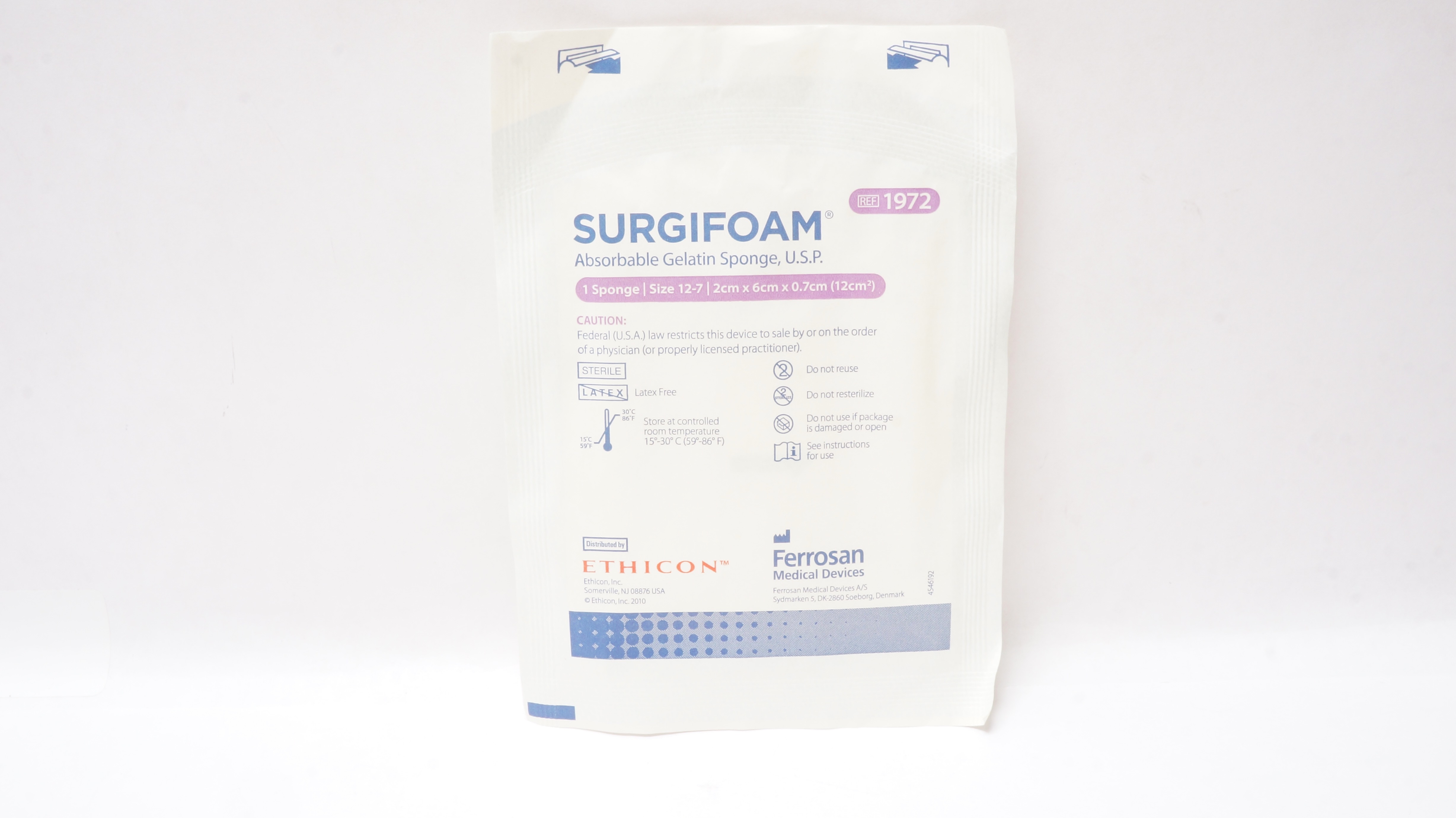 Ethicon 1972 SURGIFOAM Absorbable Gelatin Sponge U.S.P. Size 12-7, 2 x 6 x 0.7cm