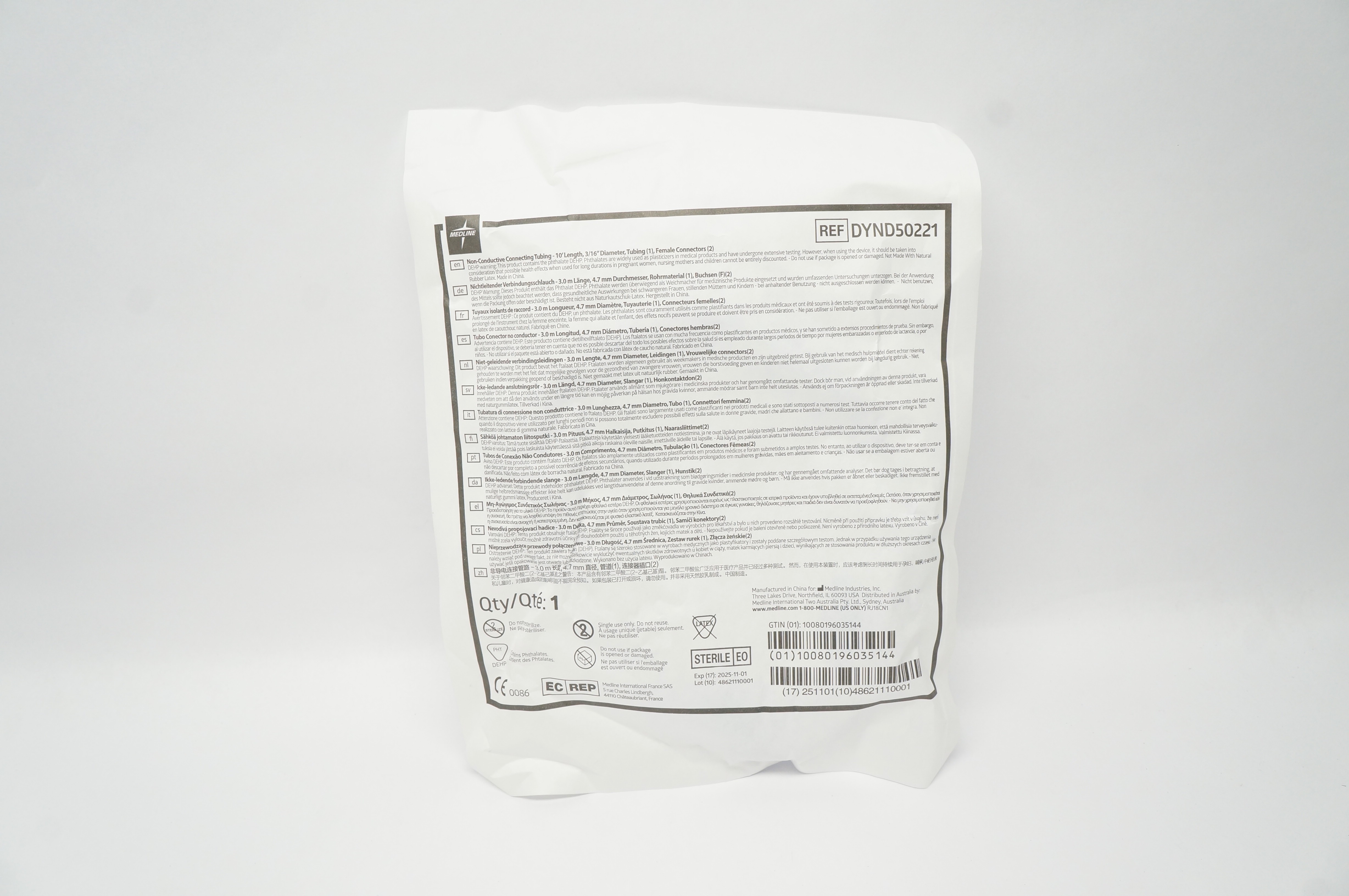 Medline DYND50221 Non-Conductive Connecting Tubing 10Ft Length Diam 3/16inch