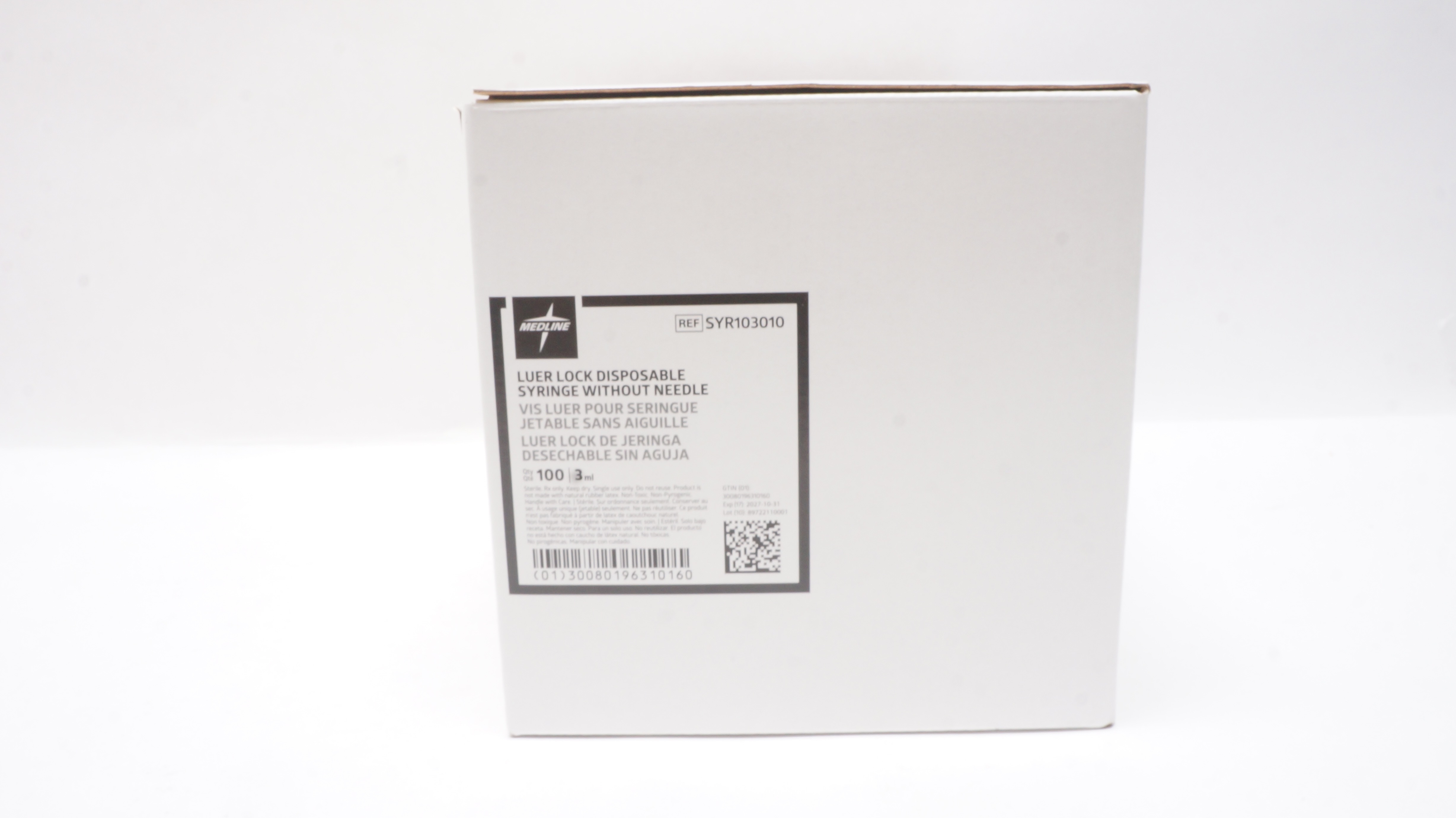 Medline SYR103010 3ml Luer Lock Disposable Syringe w/o Ndle - Box of 100