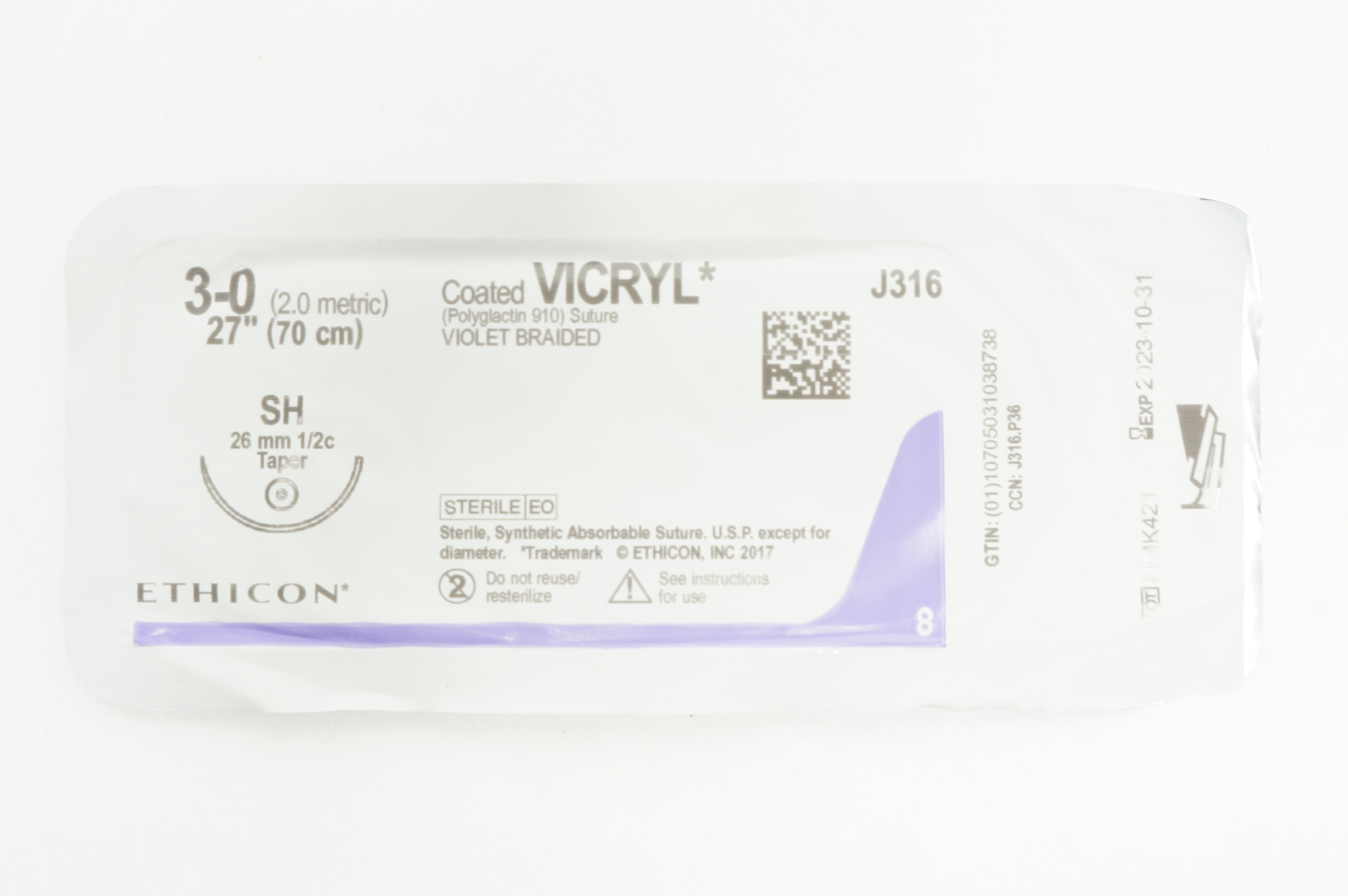 Ethicon J316 3-0 VICRYL Stre, SH 26mm 1/2c Taper, 27inch