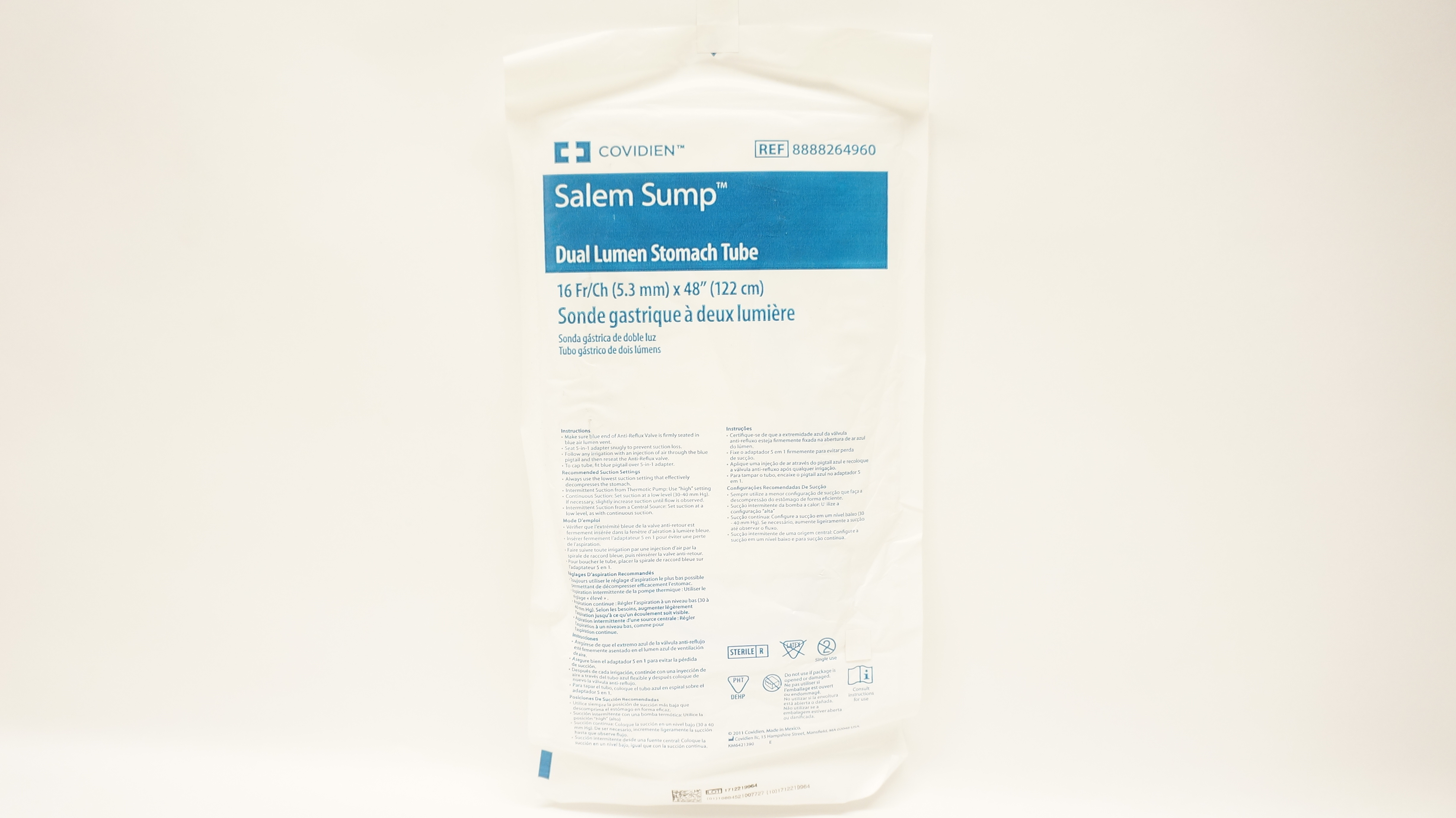 Covidien 8888264960 Salem Sump Dual Lumen Stomach Tube 16Fr/Ch x 48 inch