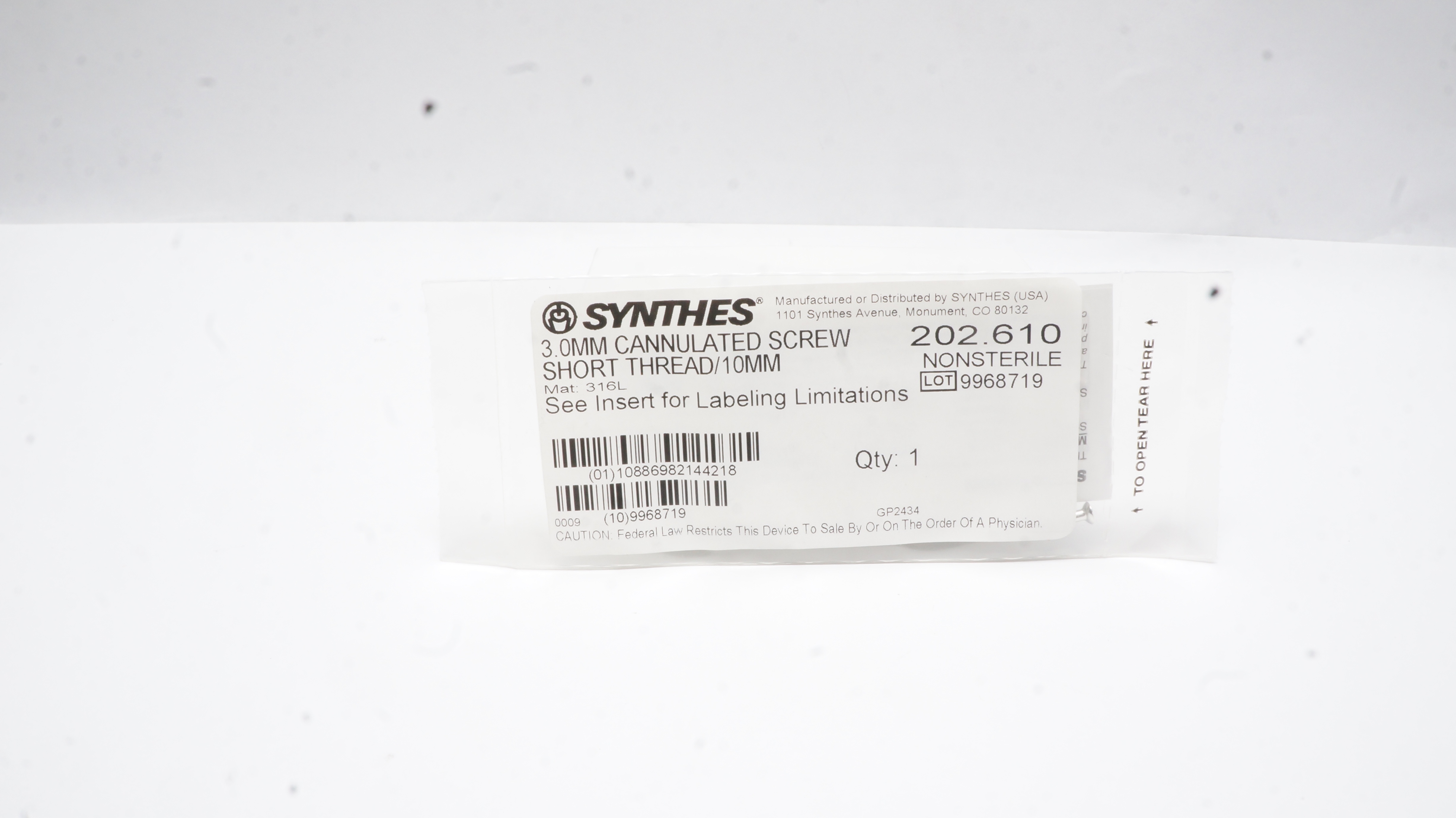 Synthes 202.610 3.0mm Cannulated Screw Short Thread/10mm