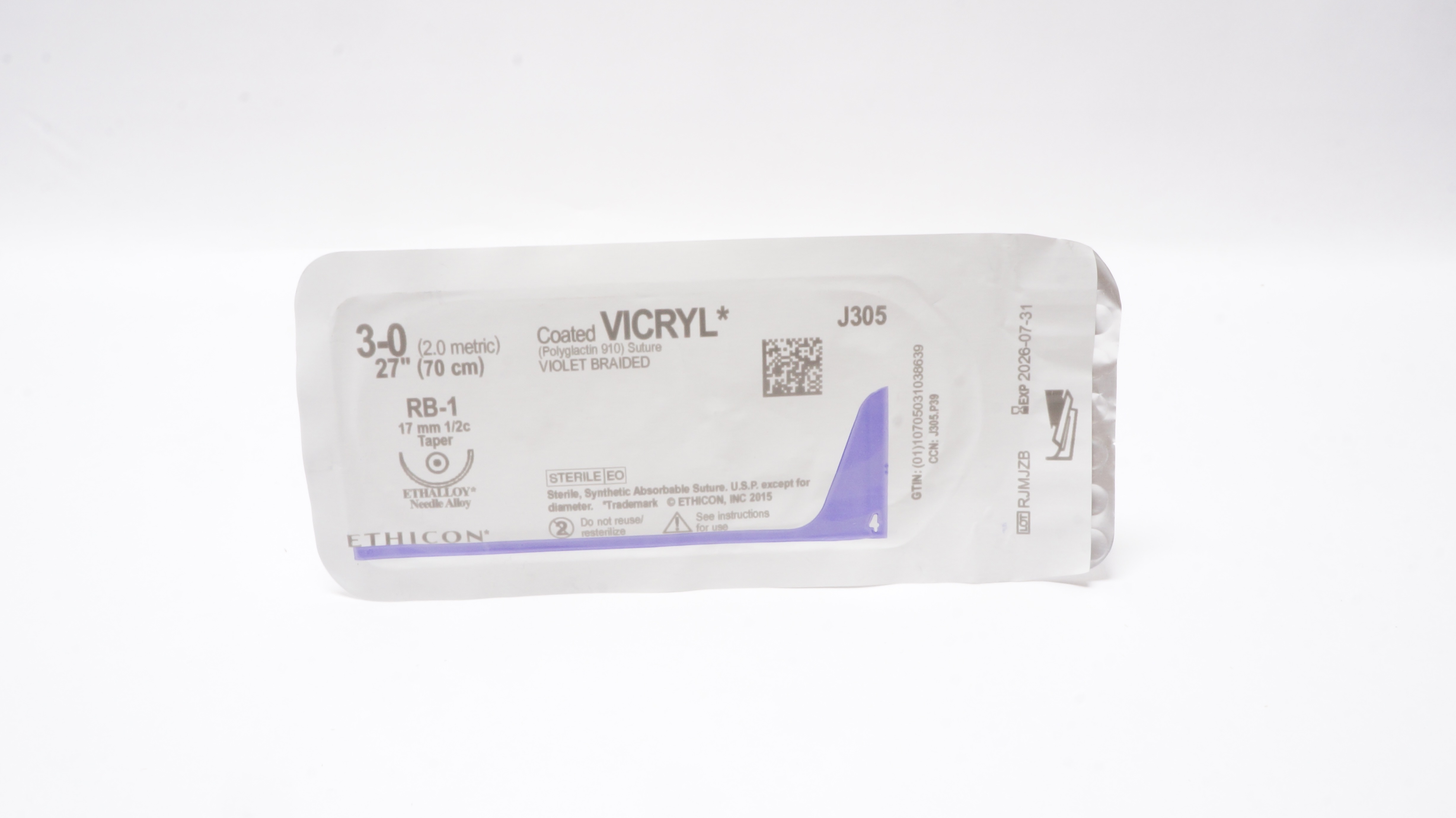 Ethicon J305 3-0 Coated VICRYL Violet Braided Stre RB-1 17mm 1/2c Taper, 27inch