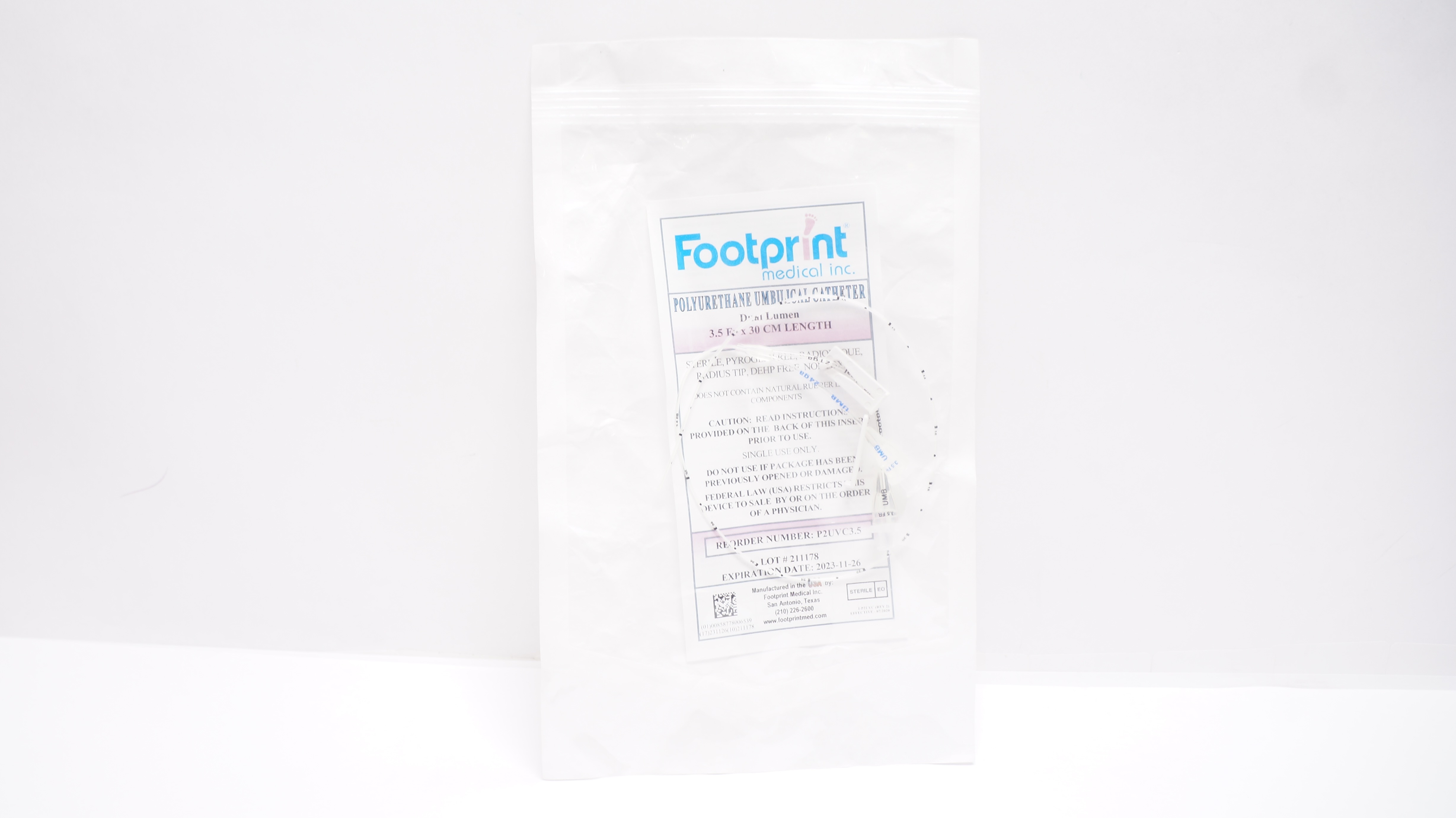 FootPrint Medical P2UVC3.5 Polyurethane Umbilical Dual Lumen Cath. 3.5F x 30cm