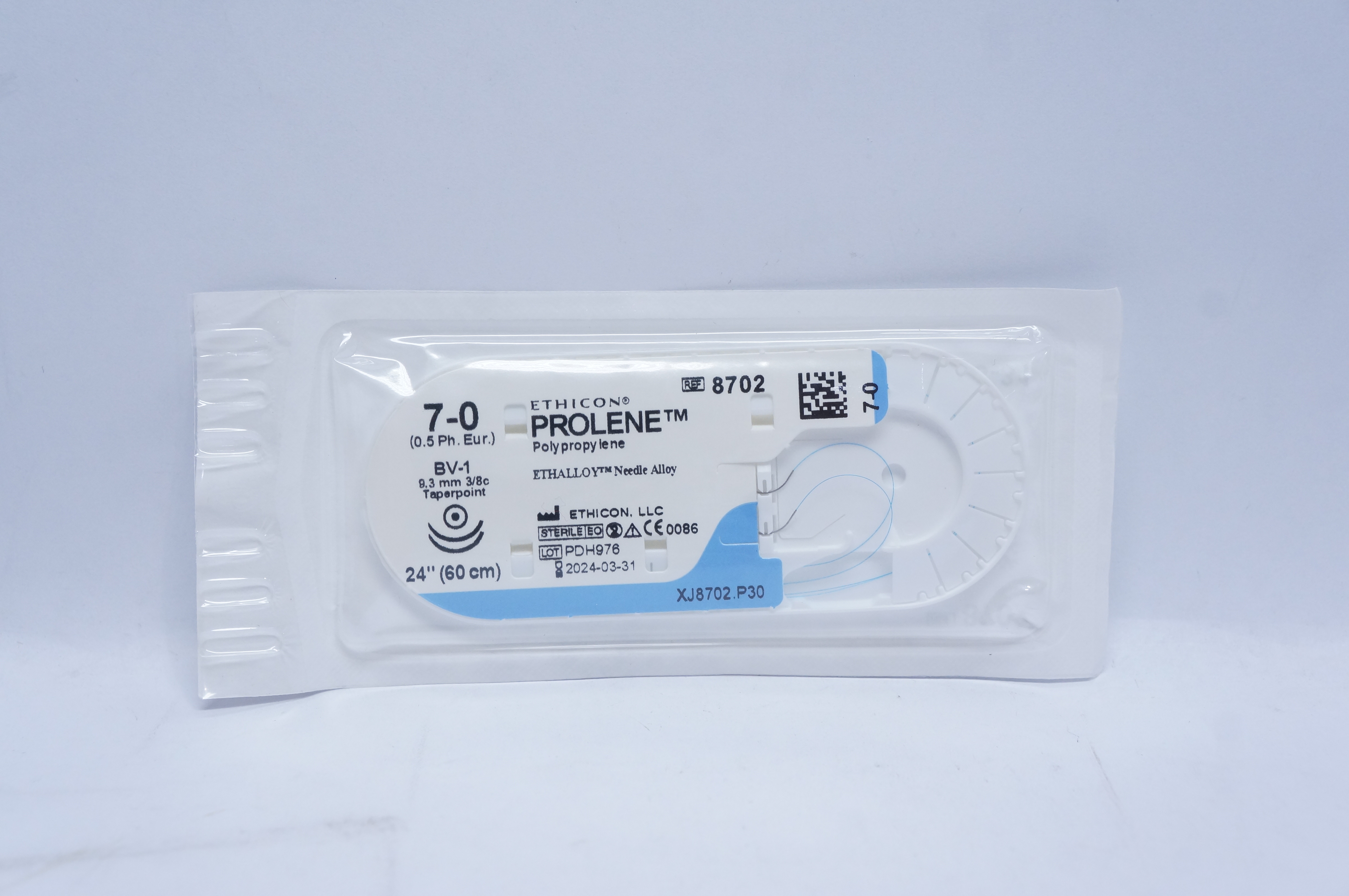 Ethicon 8702 7-0 PROLENE, BV-1, 9.3mm 3/8c Taperpoint, 24inch