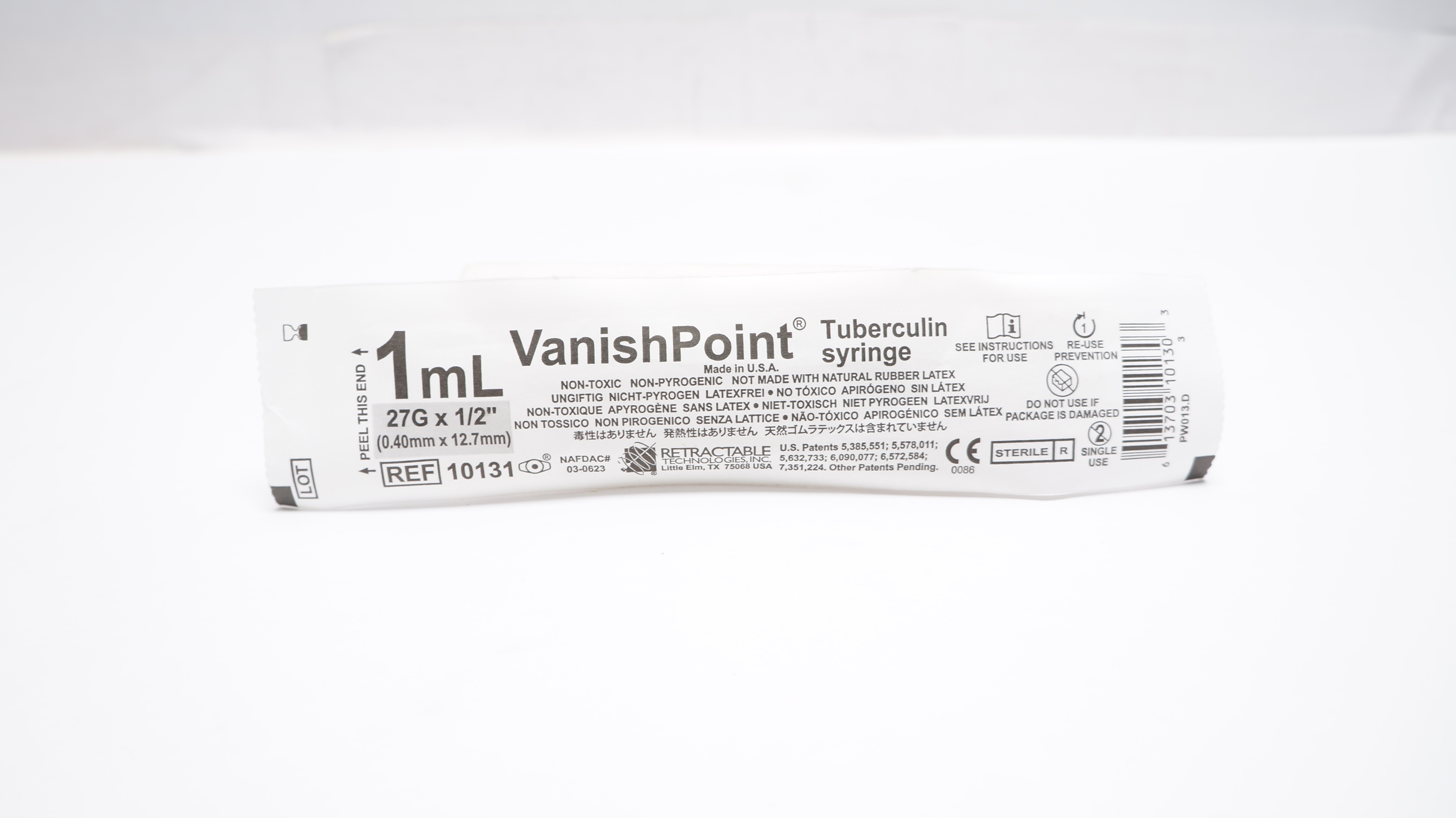 Retractable Technologies 10131 VanishPoint Tuberculin Syringe 1mL,27G x 1/2in