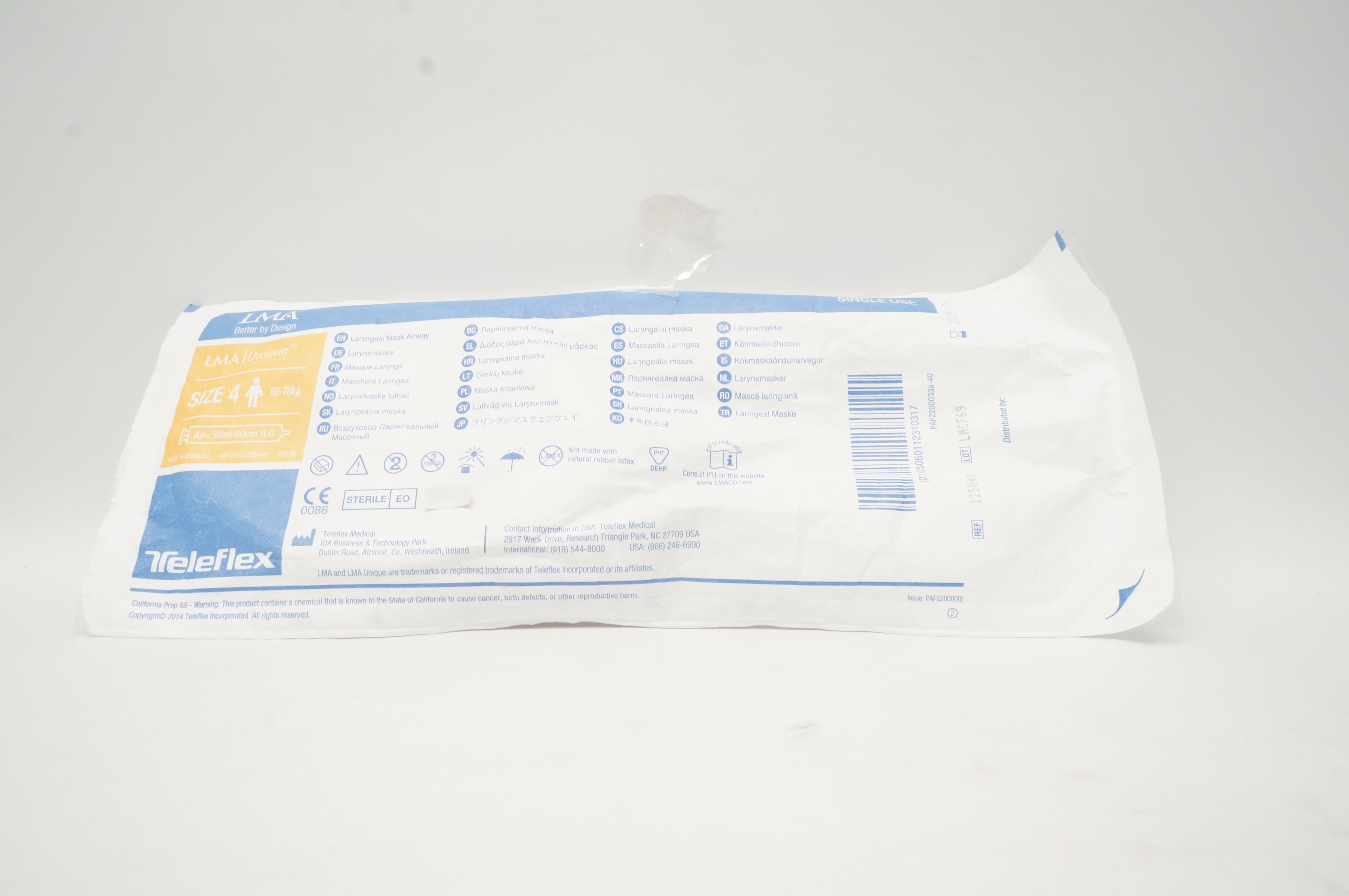 Teleflex 125040 LMA Unique Laryngeal Mask Airway Size 4 50-70kg (x)