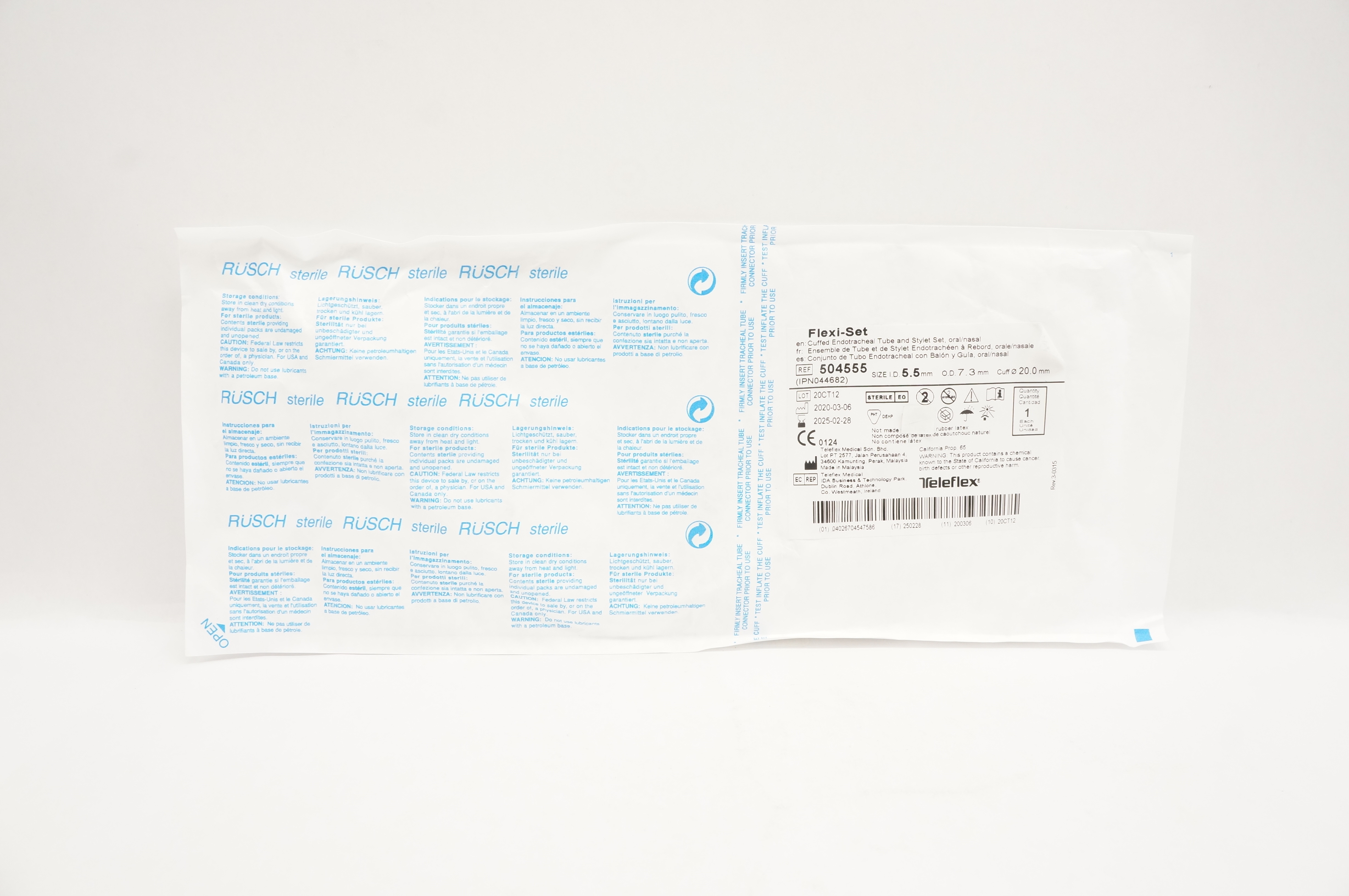 Teleflex 504555 Flexi-Set Endotracheal Tube & Stylet 5.5mmID x 7.3mmOD x 20.0mm