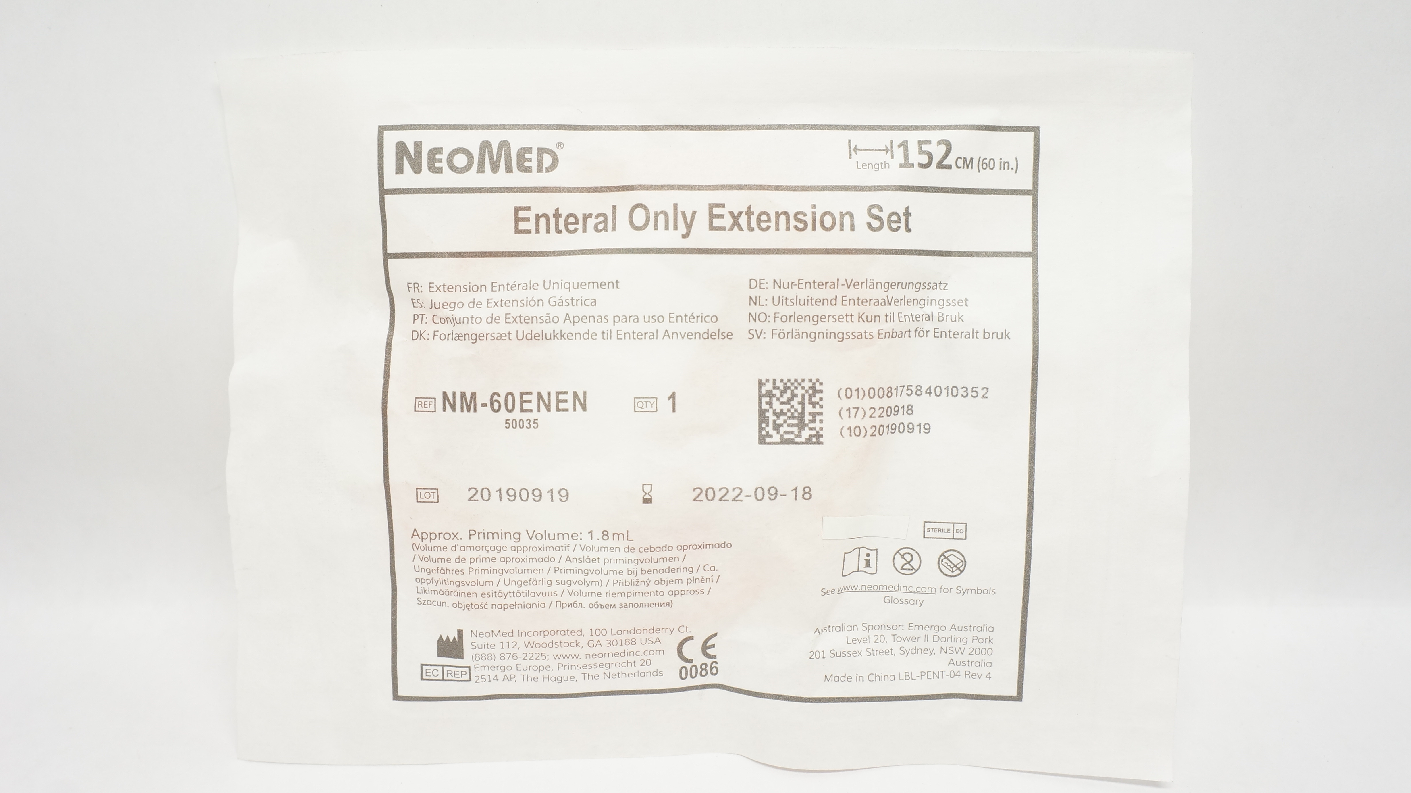 NeoMed NM-60ENEN Enteral Only Extension Set 60inch, Approx. Volume 1.8mL