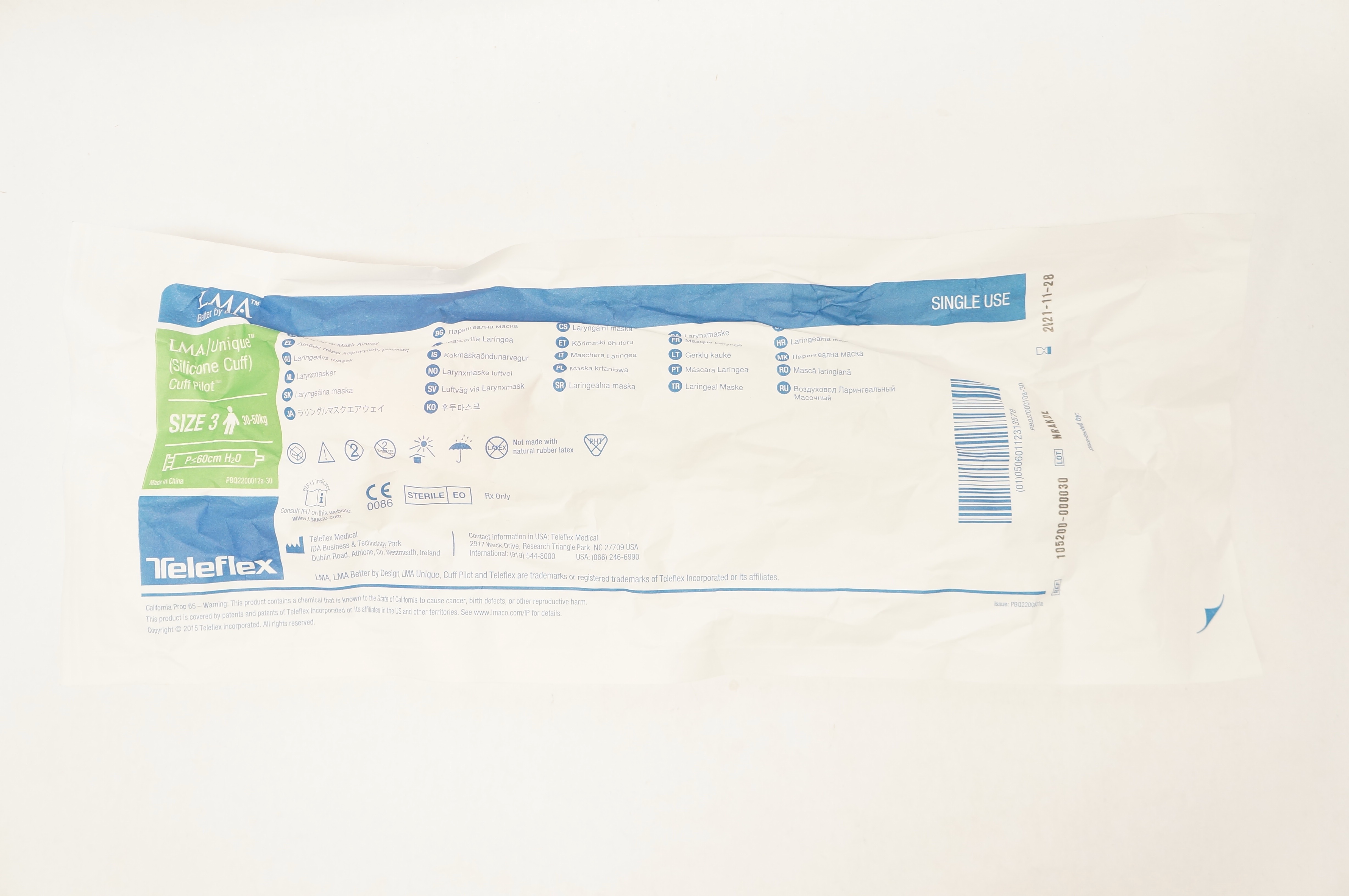 Teleflex 105200-000030 LMA Unique Laryngeal Mask Airway Size 3, 30-50kg (x)