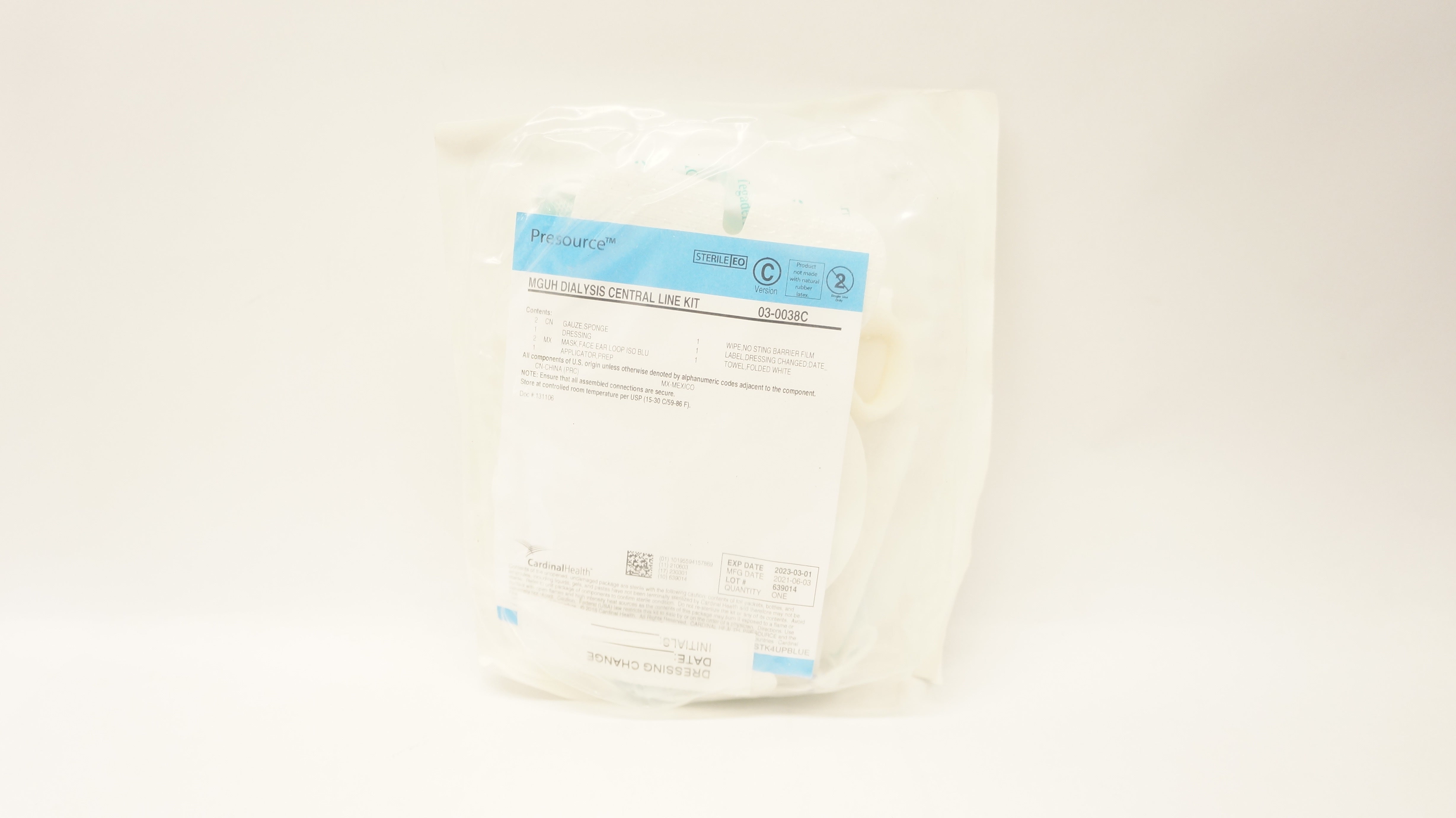 Cardinal Health 03-0038C Presource MGUH Dialysis Central Line Kit (x)