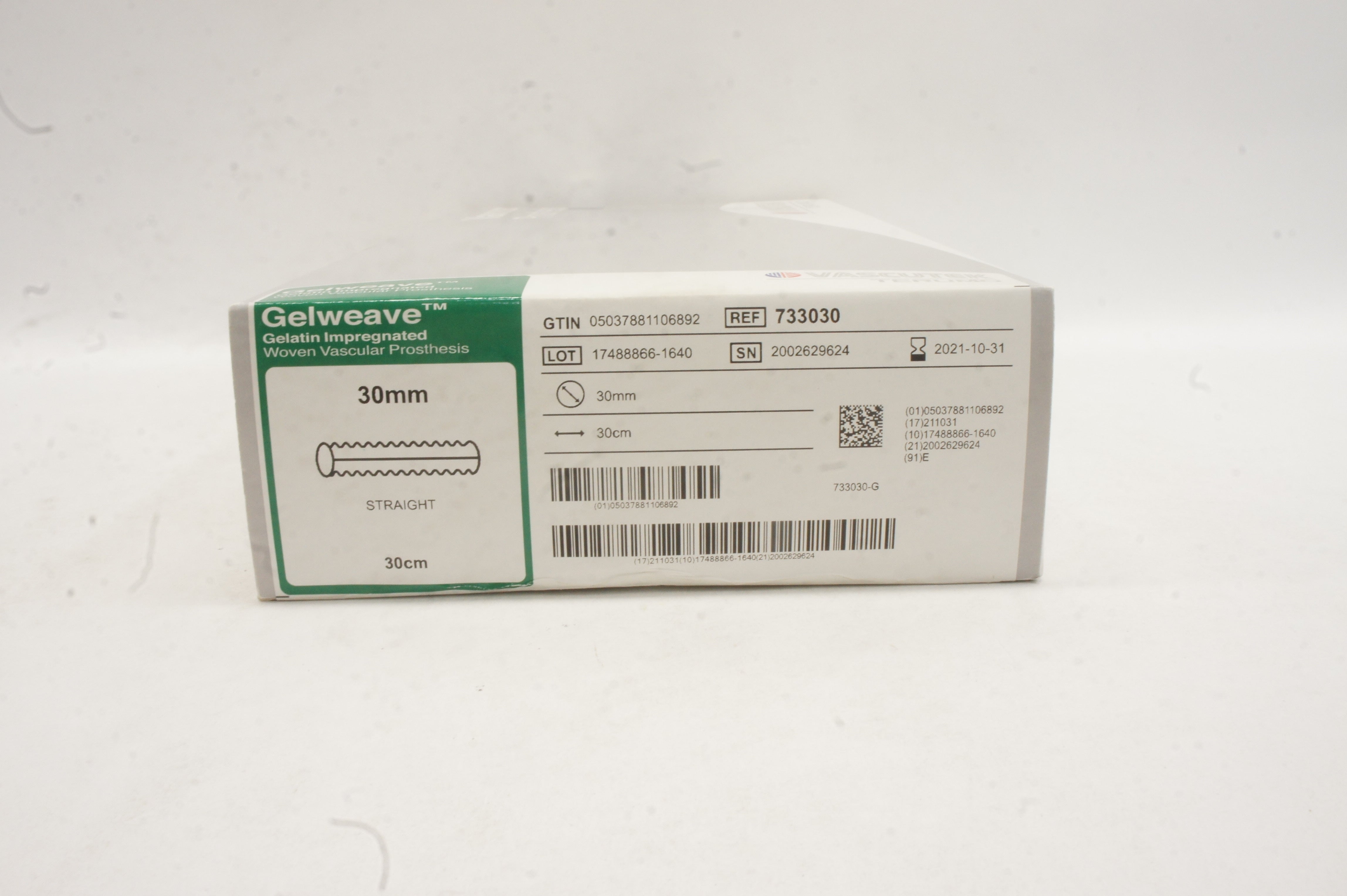 Vascutek 733030 Gelweave Gelatin Impregnated Woven Vascular Prosthesis 30mm