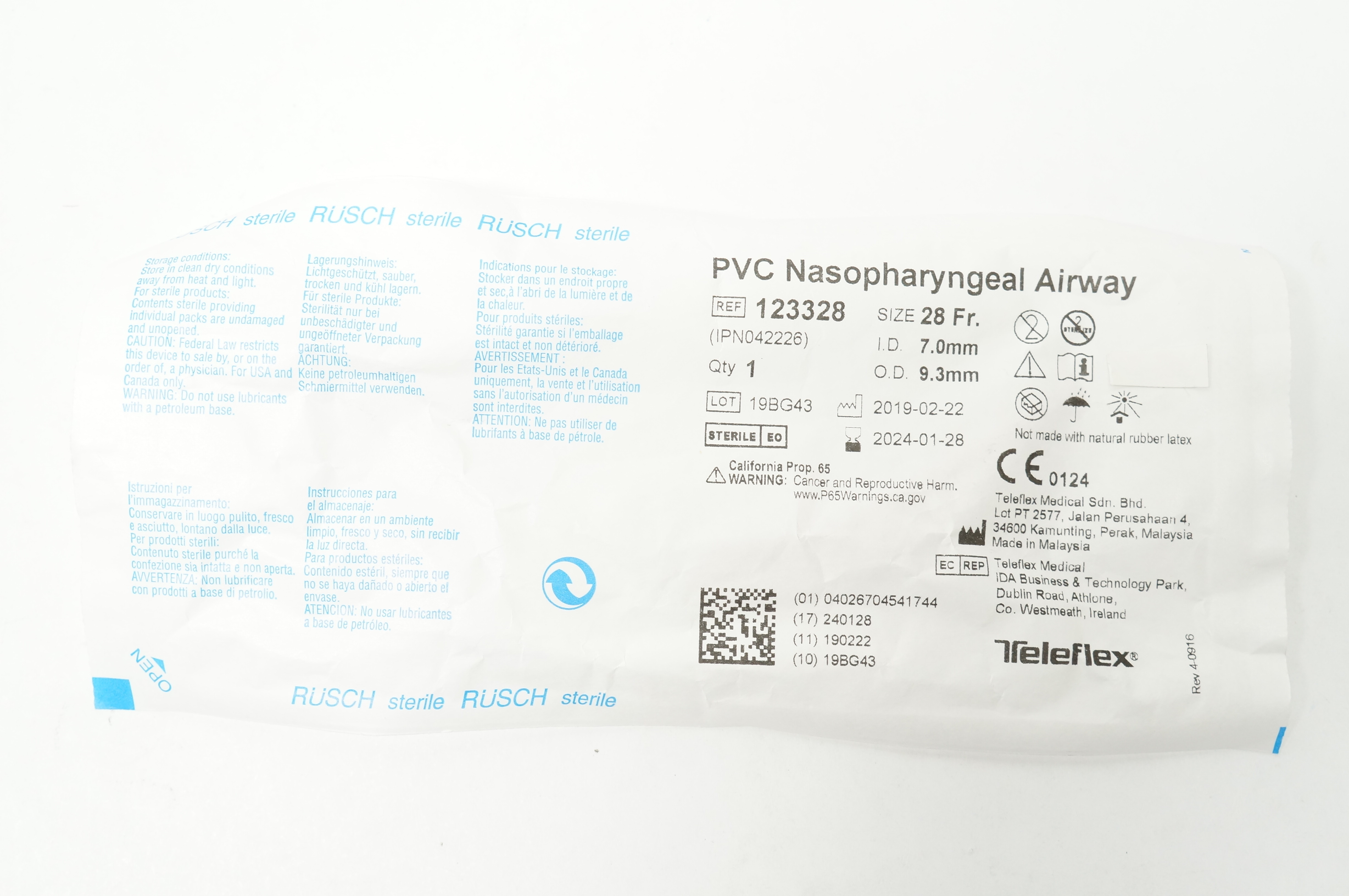 Teleflex 123328 RUSCH PVC Nasopharyngeal Airway 28Fr. x 7.0mm ID x 9.3mm OD
