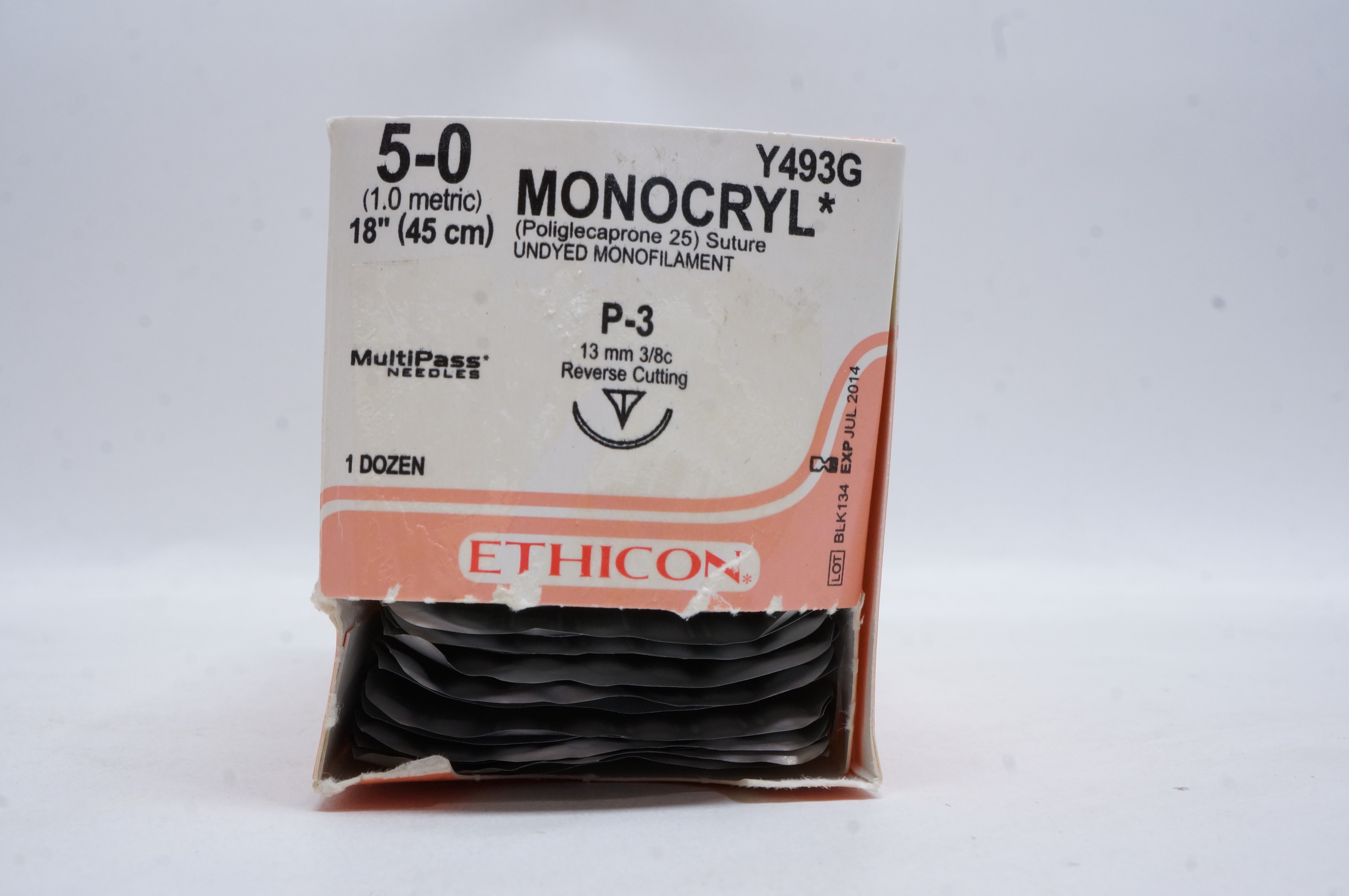 Ethicon Y493G 5-0 MONOCRYL, P-3, 13mm 3/8c Reverse Cutting, 18inch (x)-Box of 12