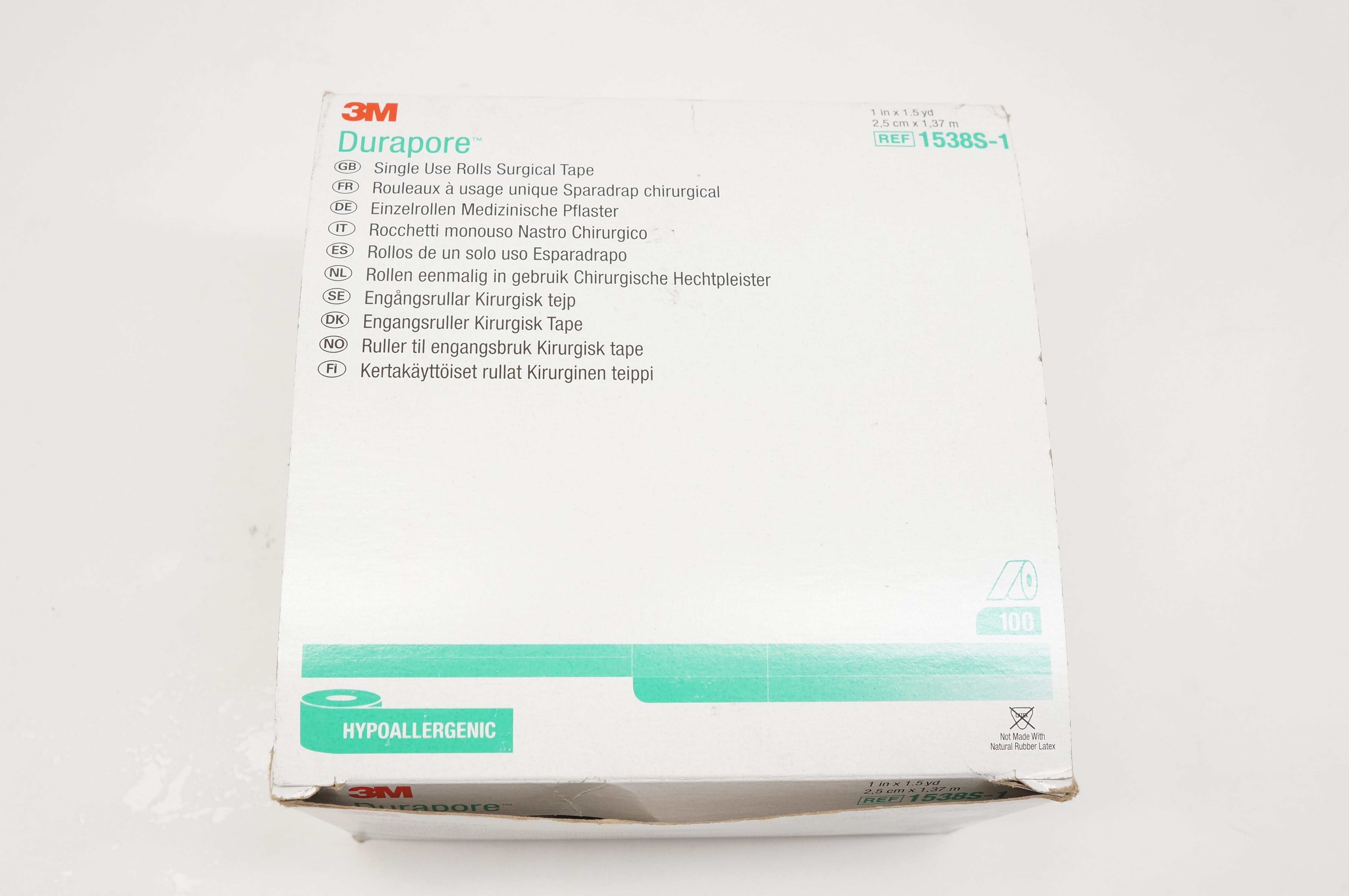 3M 1538S-1 Durapore Single Use Rolls Surgical Tape 1inch x 1.5yd. - Box of 87