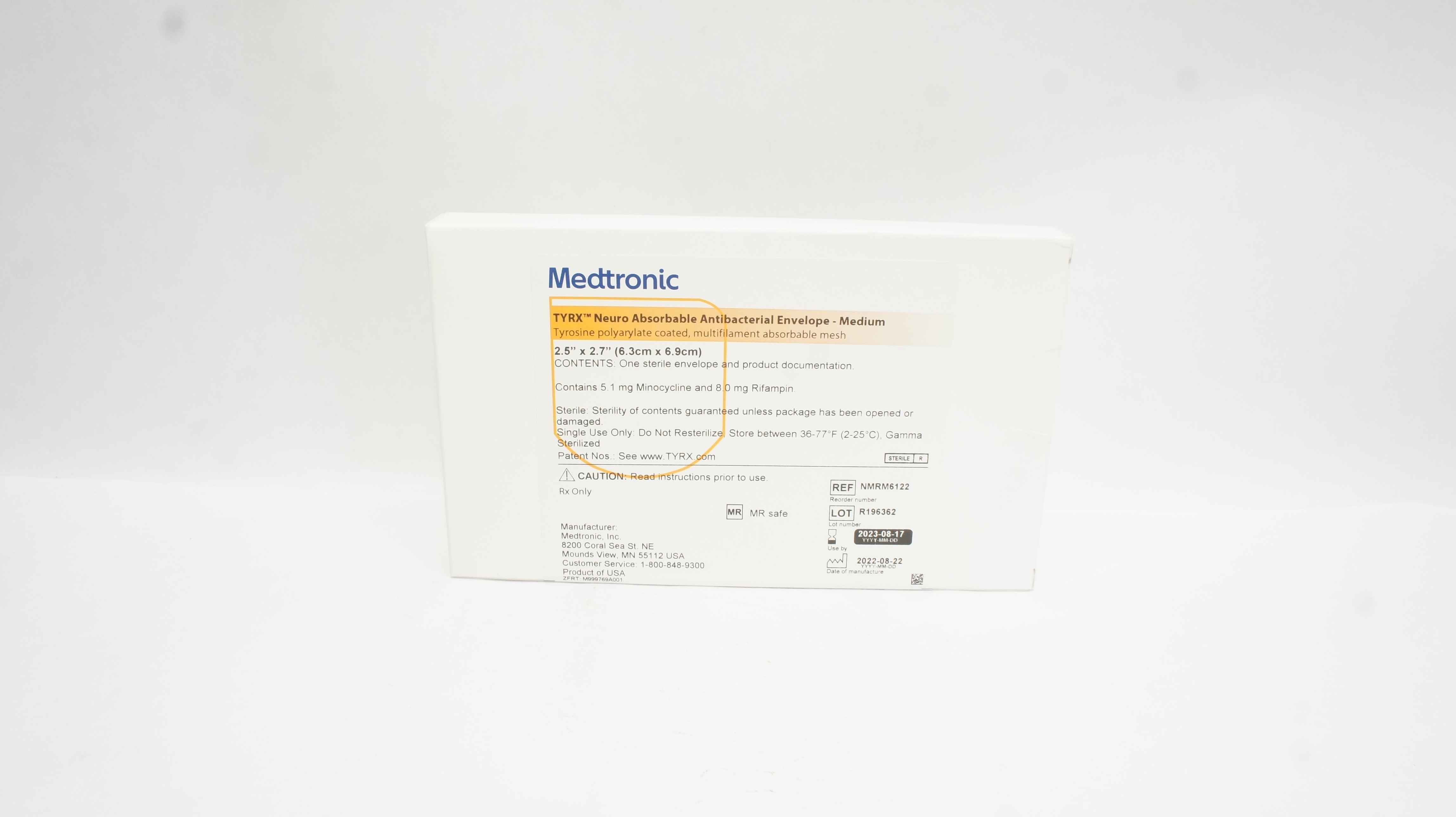 Medtronic NMRM6122 TYRX Neuro Absorb Antibacterial Envelope M 2.5 x 2.7inch(x)
