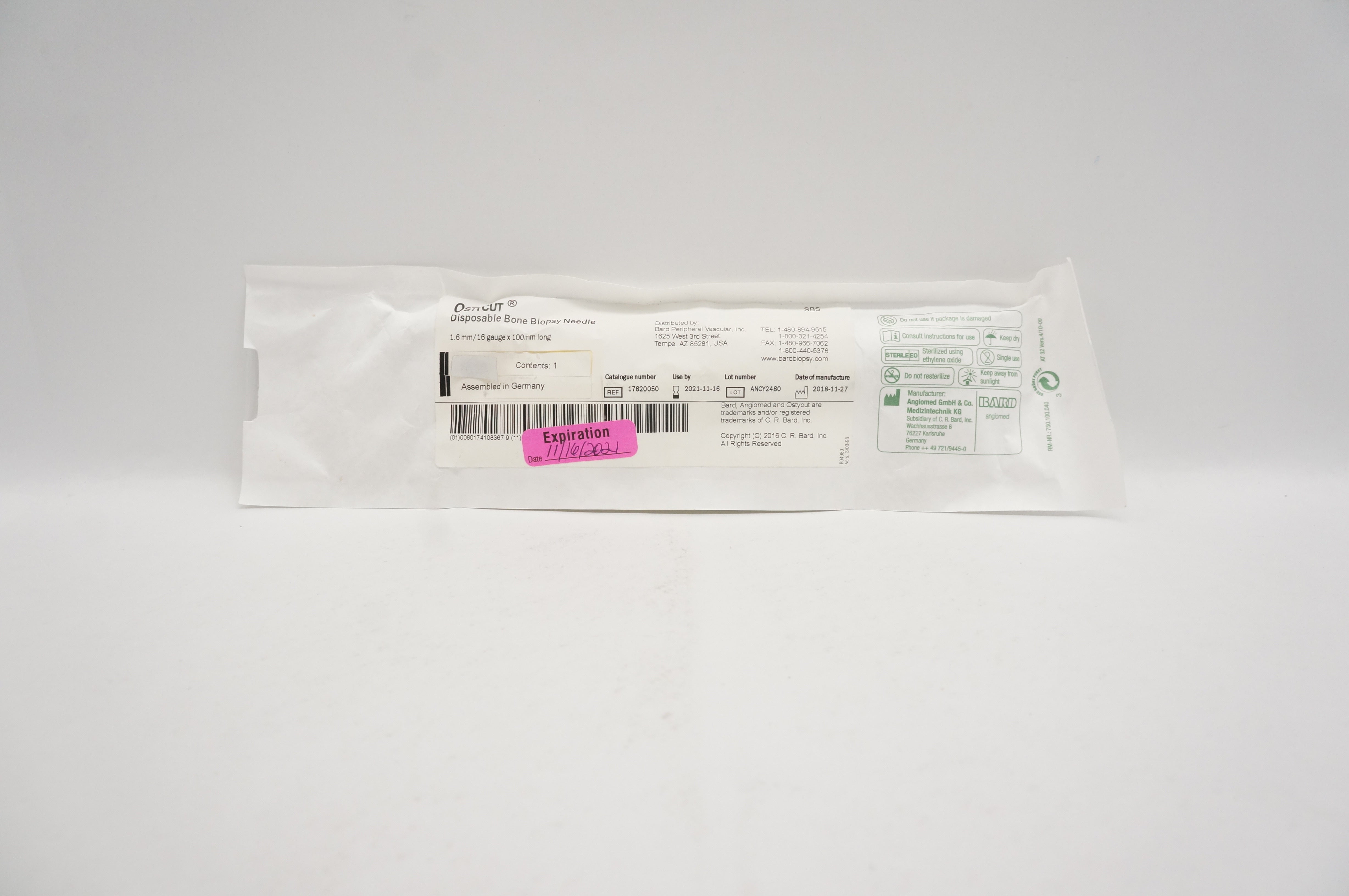 Bard 17820050 Ostycut Disposable Bone Biopsy Needle 1.6mm/16G x 100mm (x)
