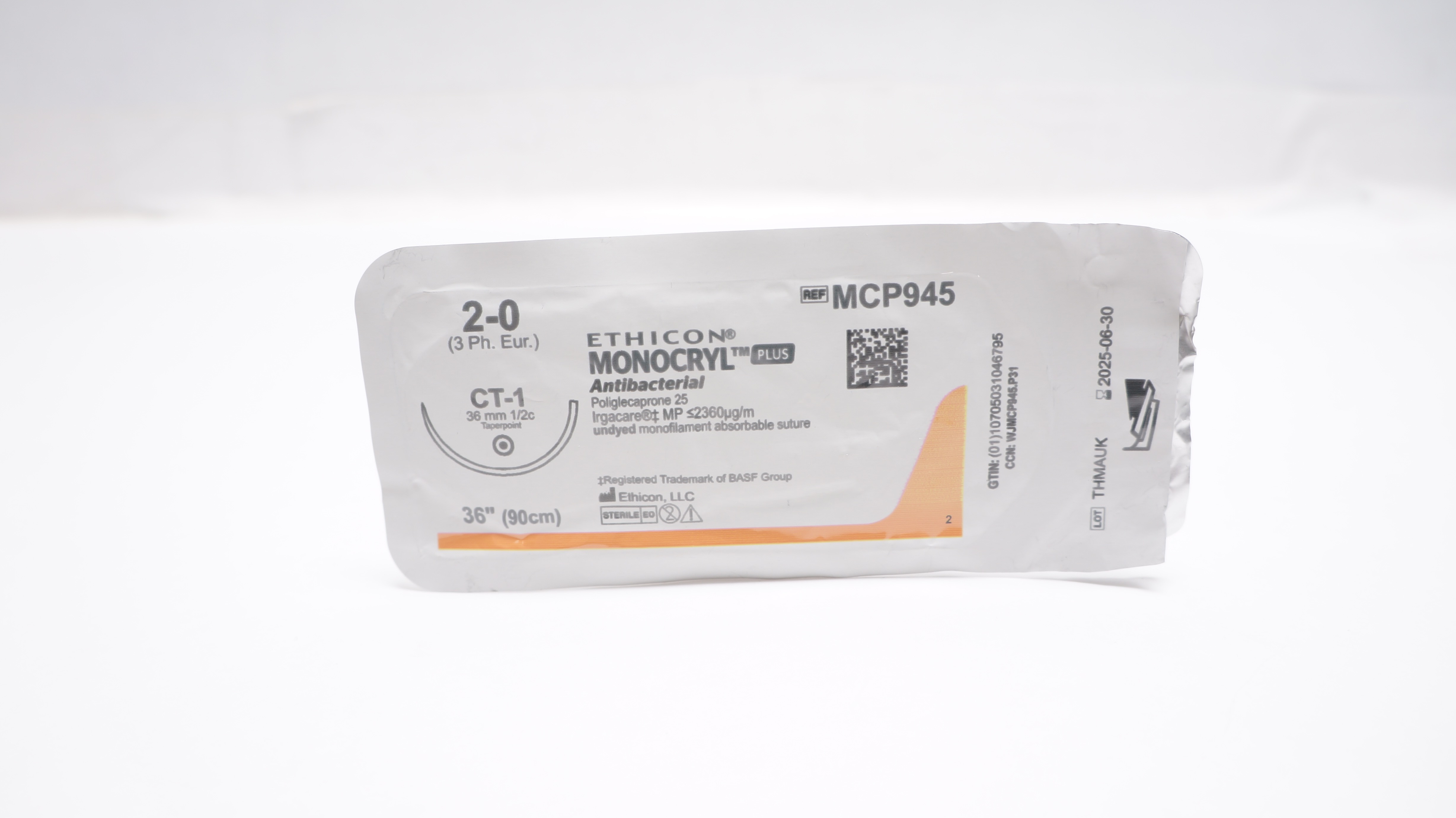 Ethicon MCP945 2-0 MONOCRYL Plus Undyed Stre CT-1 36mm 1/2c Taperpoint 36inch