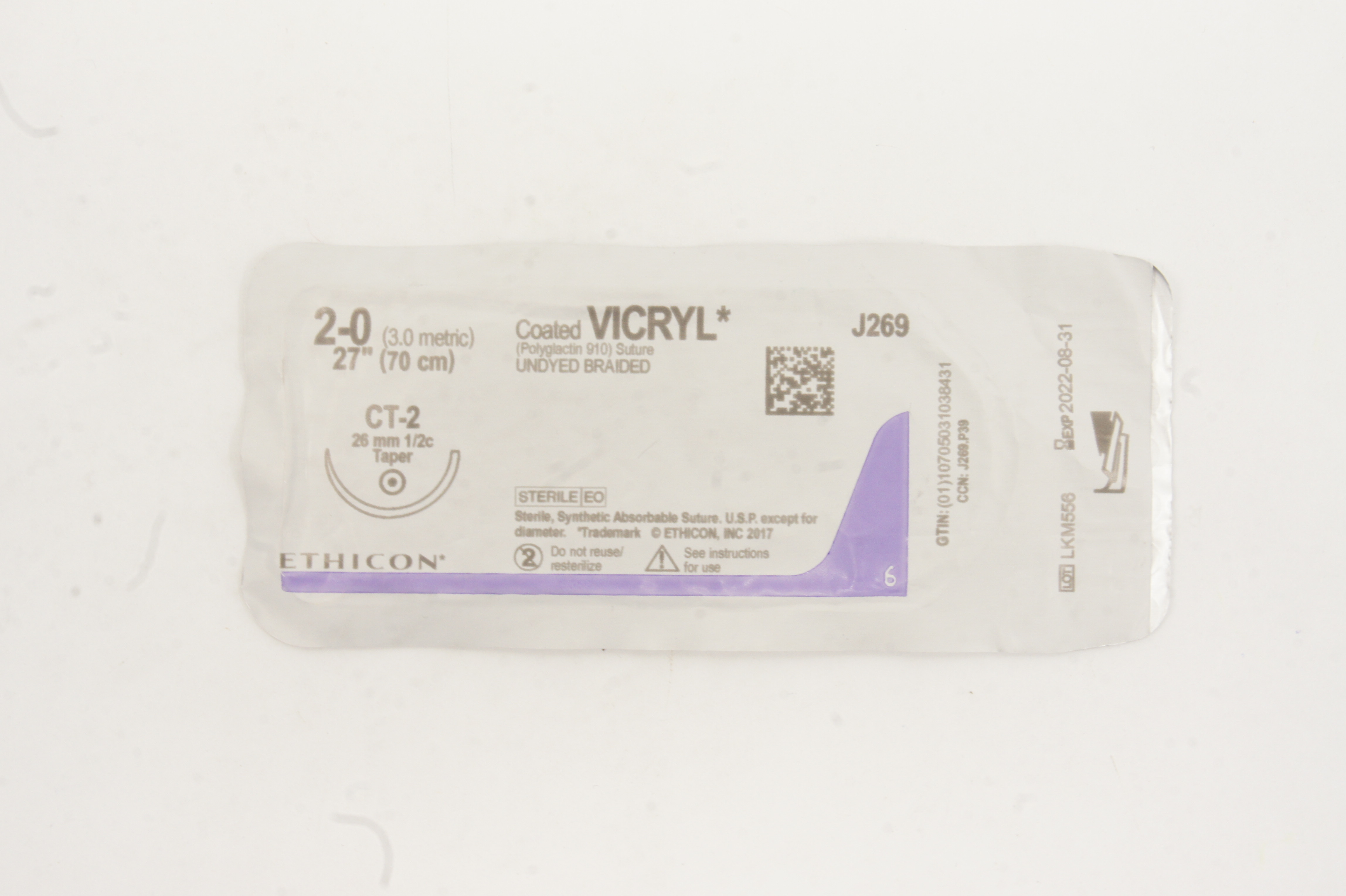 Ethicon J269 2-0 VICRYL CT-2 26mm 1/2c Taper, 27inch